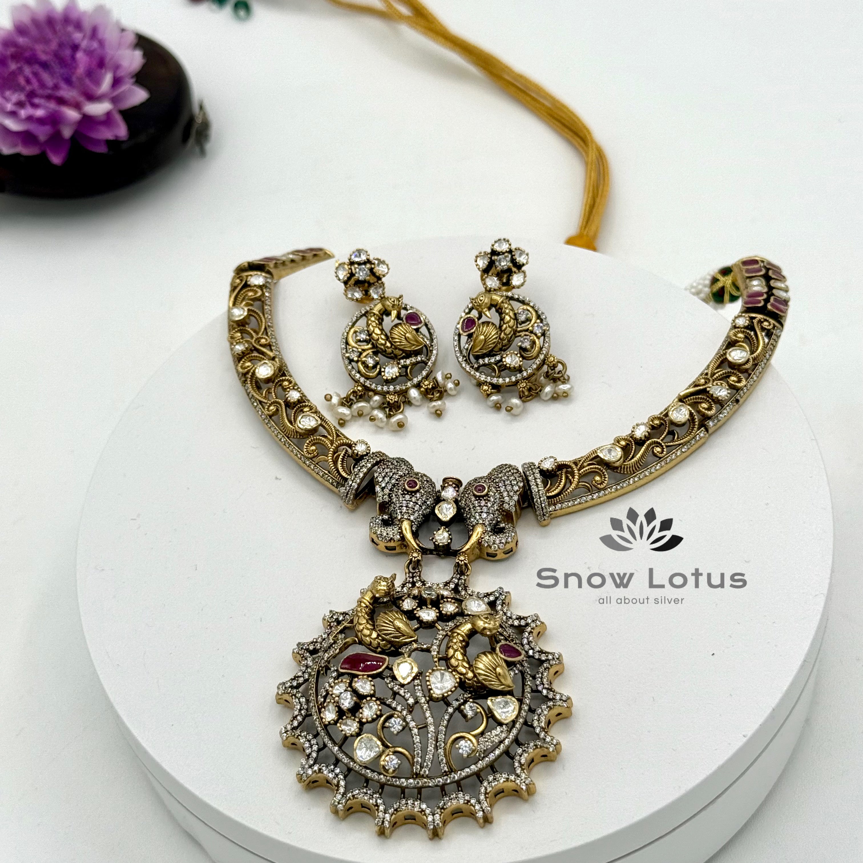 Elephant with Peacock Moissanite Short Neckpiece with Earrings