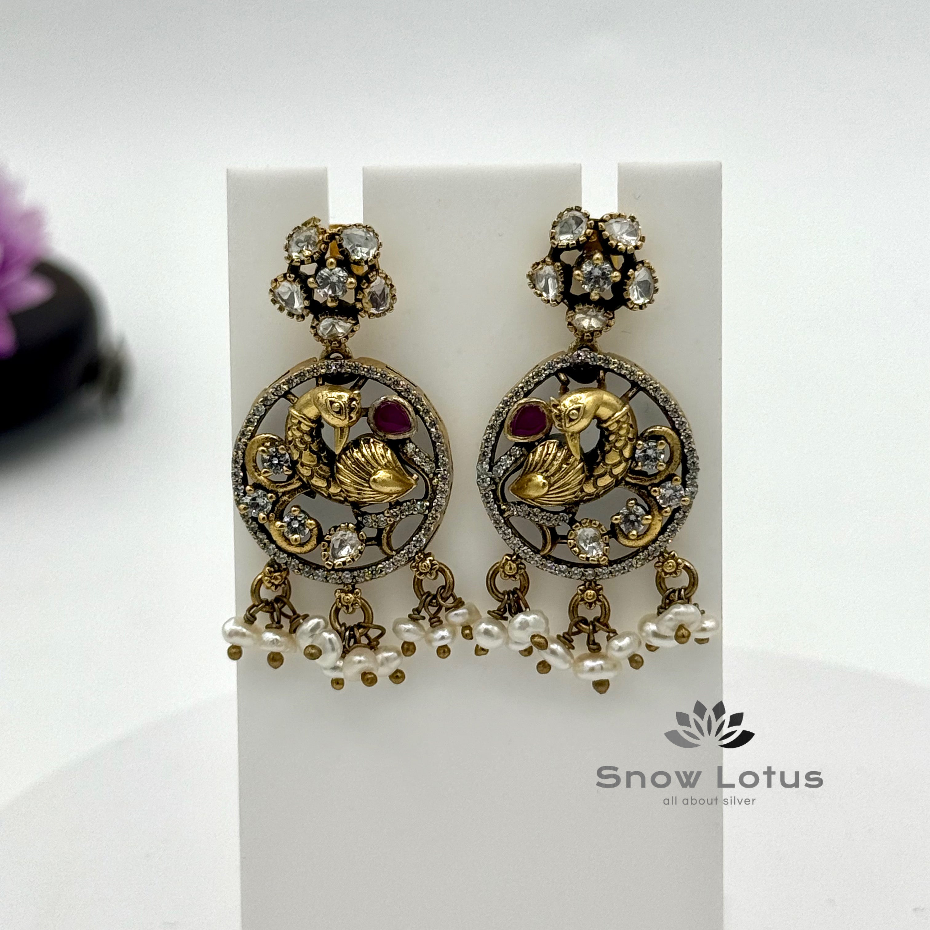 Elephant with Peacock Moissanite Short Neckpiece with Earrings