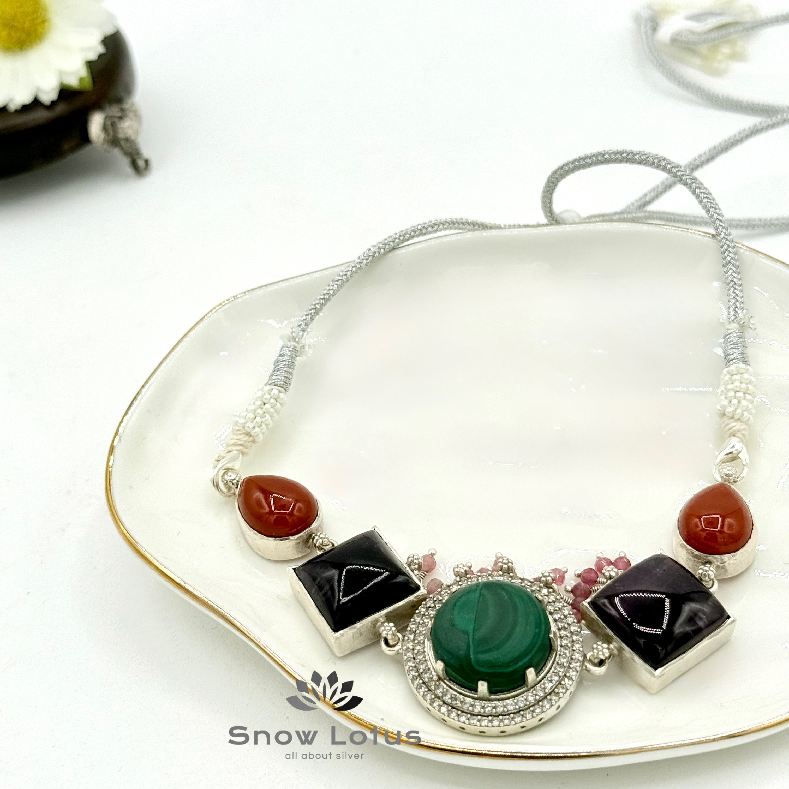 Malachite with Amethyst and Carnelian Choker