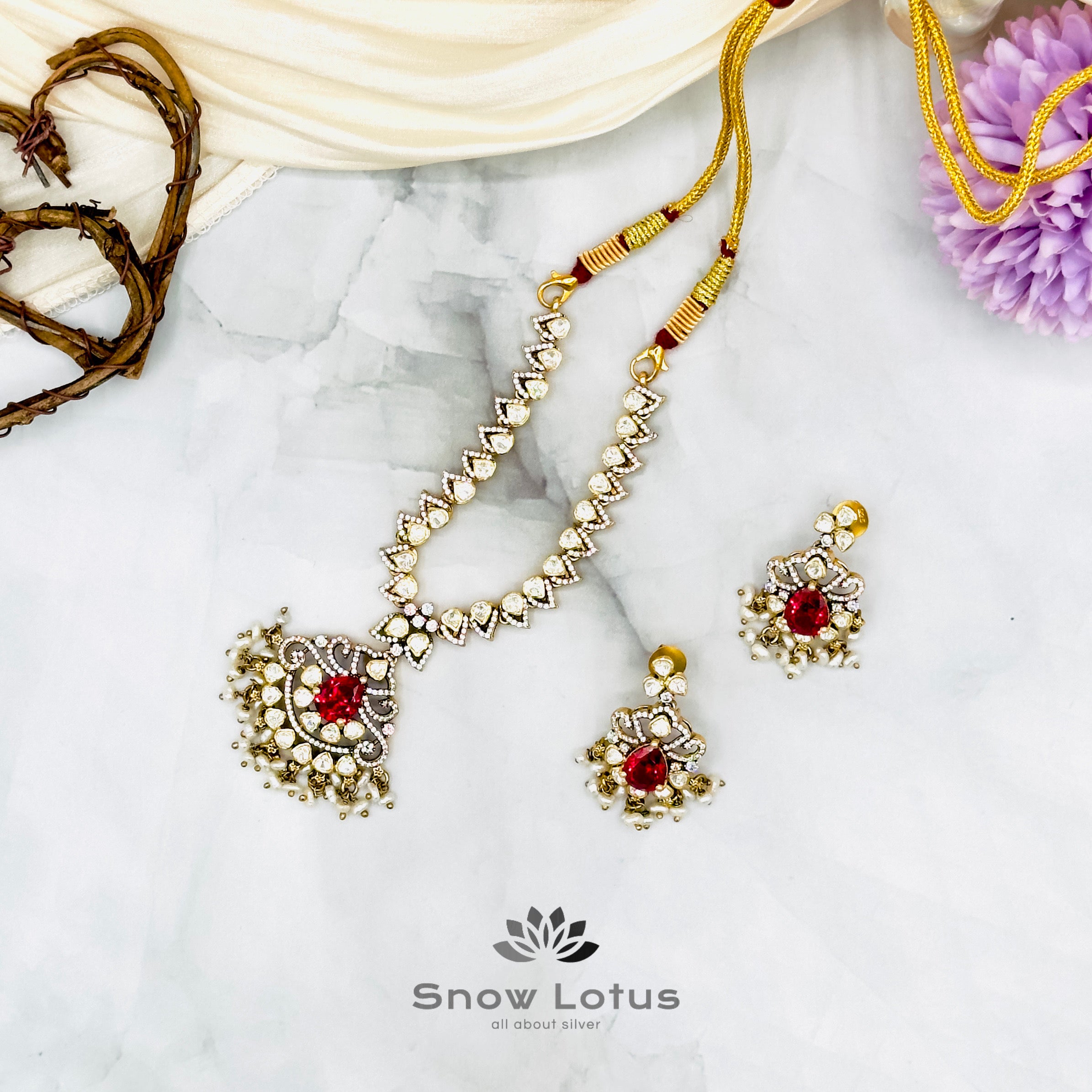 Classy Ruby Moissanite Neckpeice with earrings