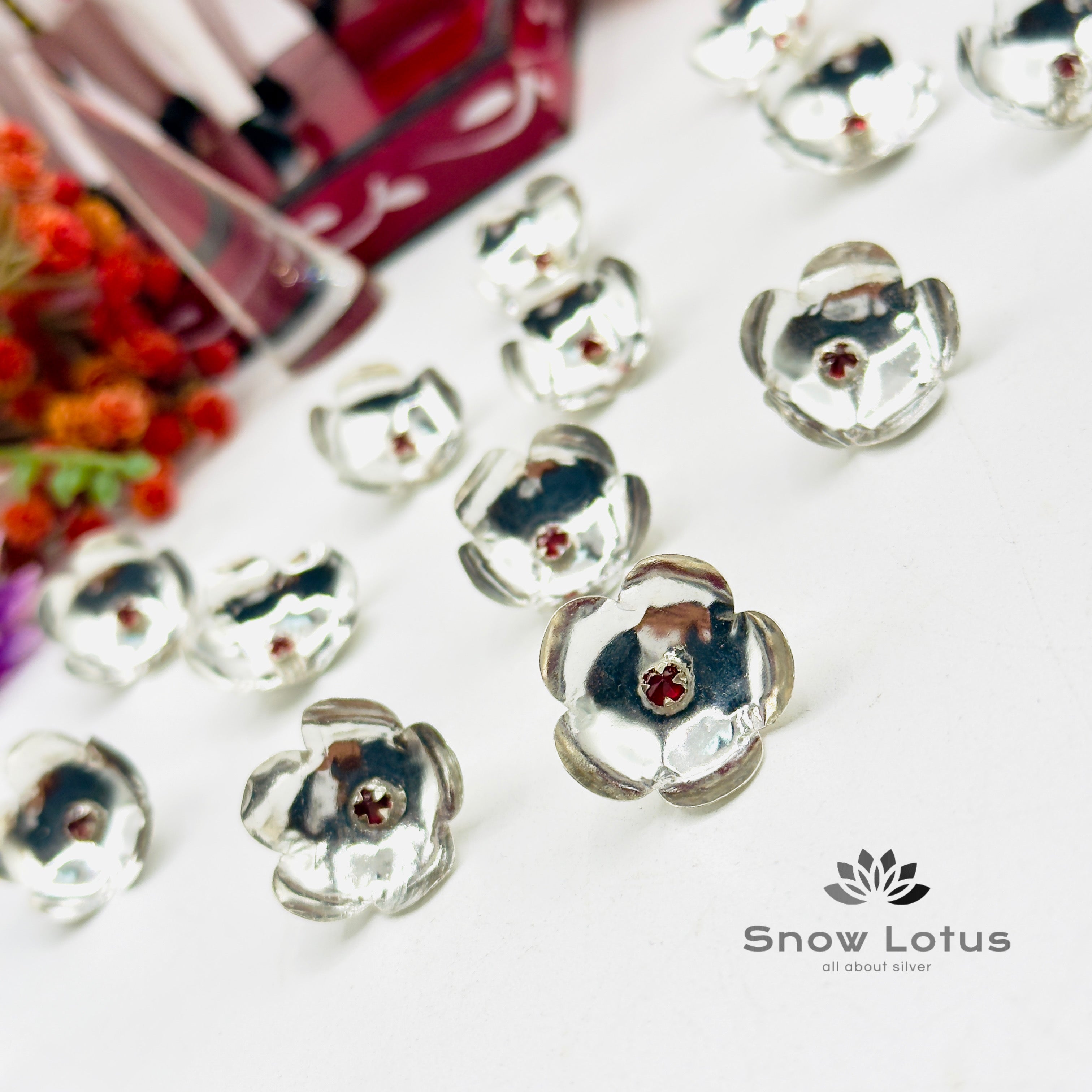 108 Silver Flowers with Red Stone