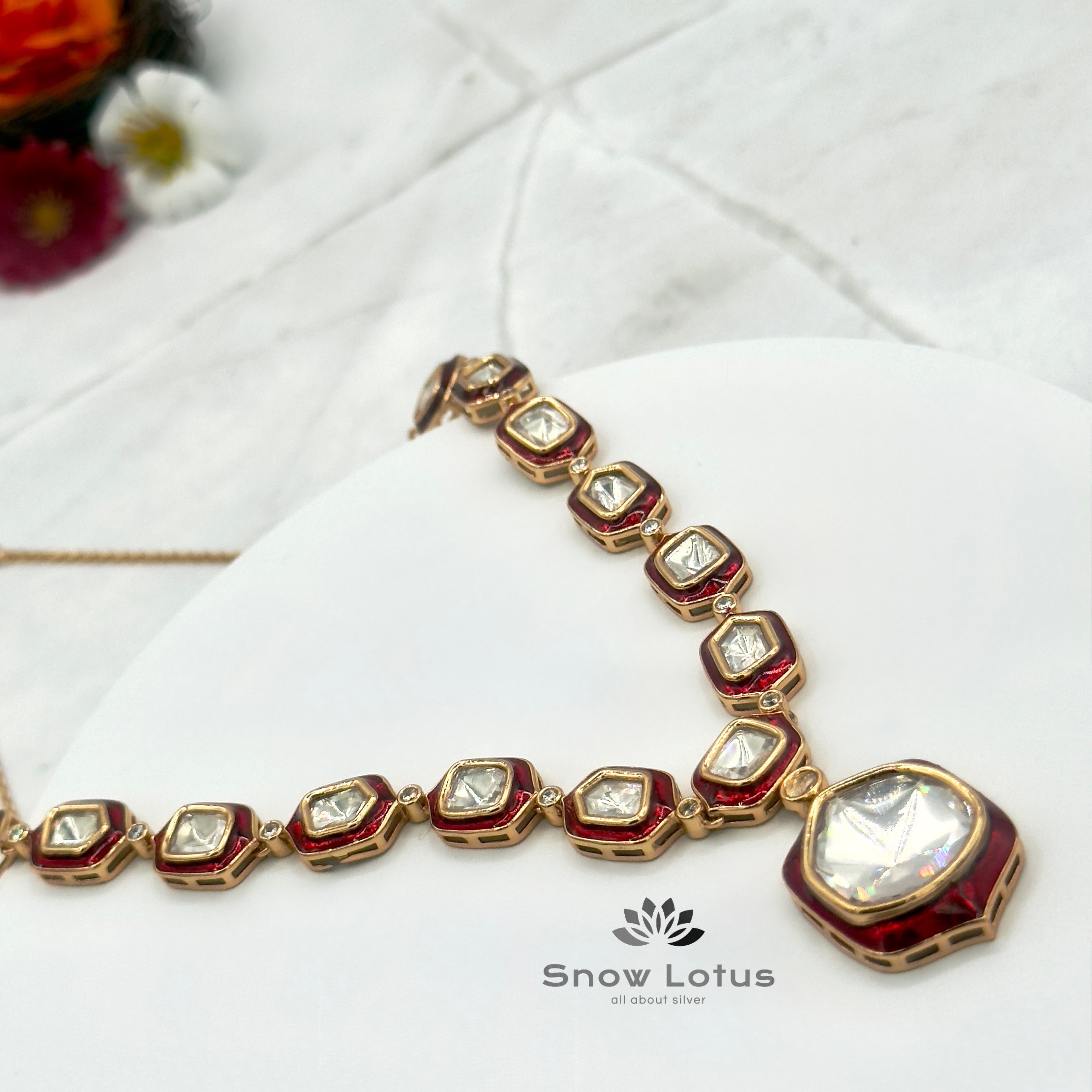 Gorgeous Polki Neckpiece with Earrings Red