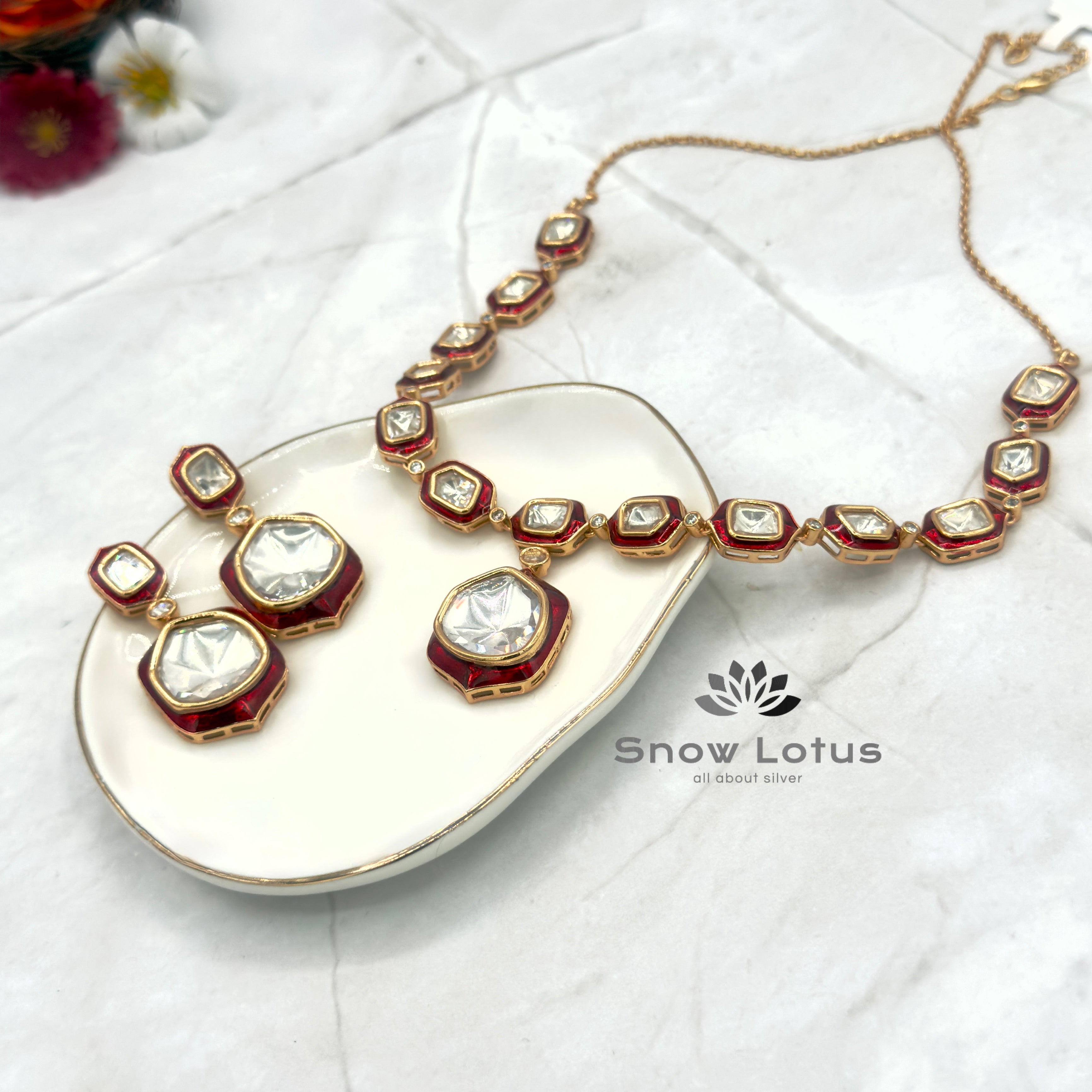 Gorgeous Polki Neckpiece with Earrings Red