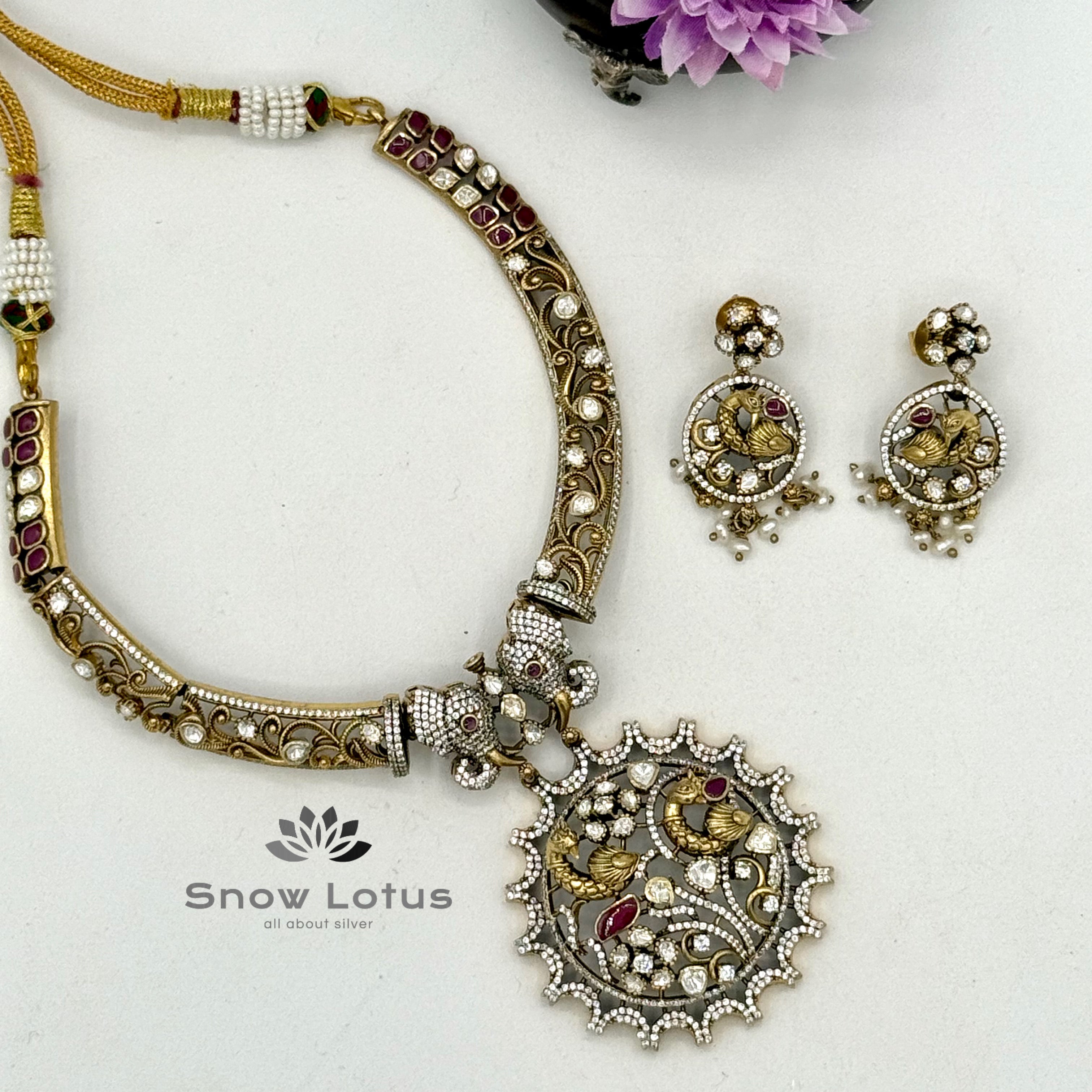 Elephant with Peacock Moissanite Short Neckpiece with Earrings