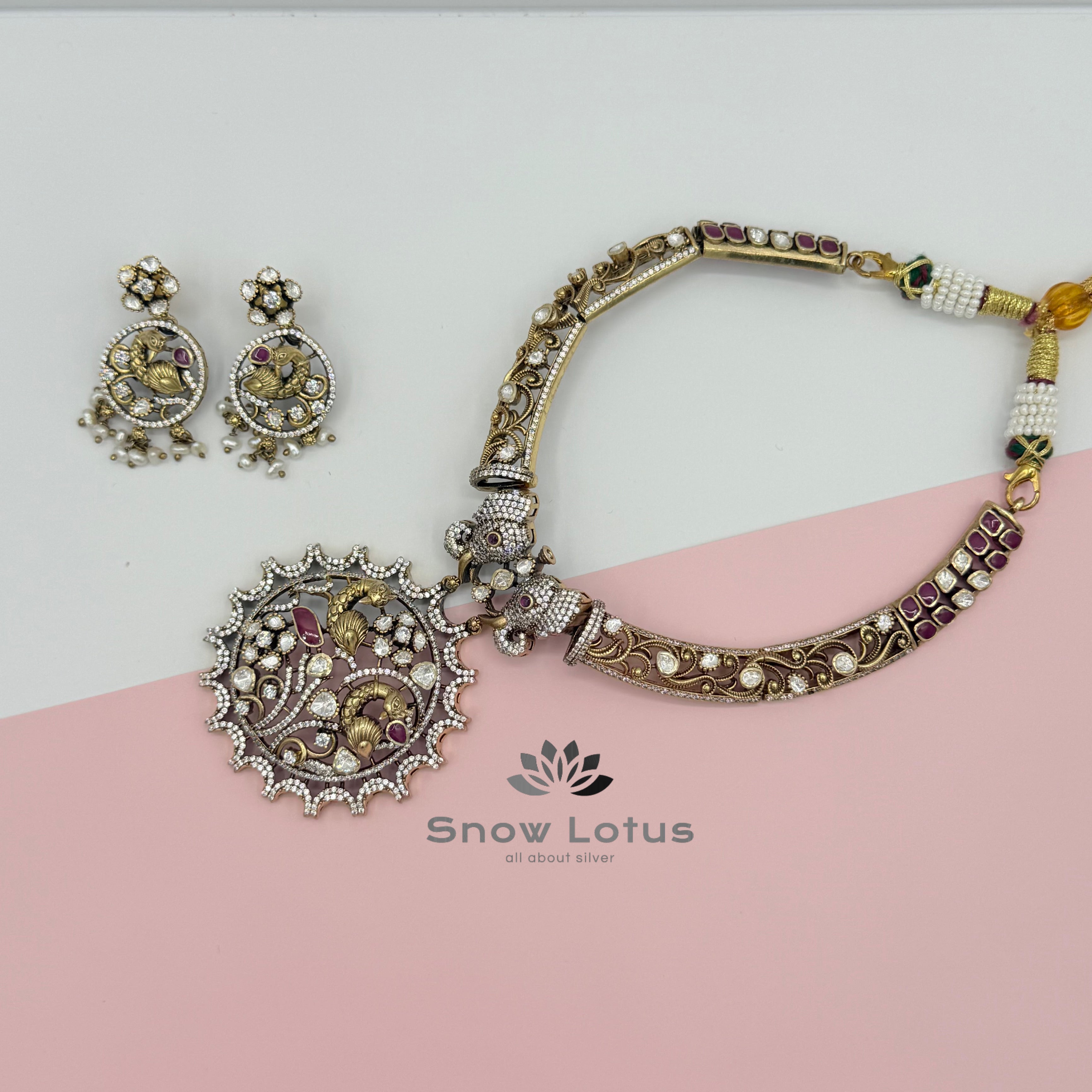 Elephant with Peacock Moissanite Short Neckpiece with Earrings