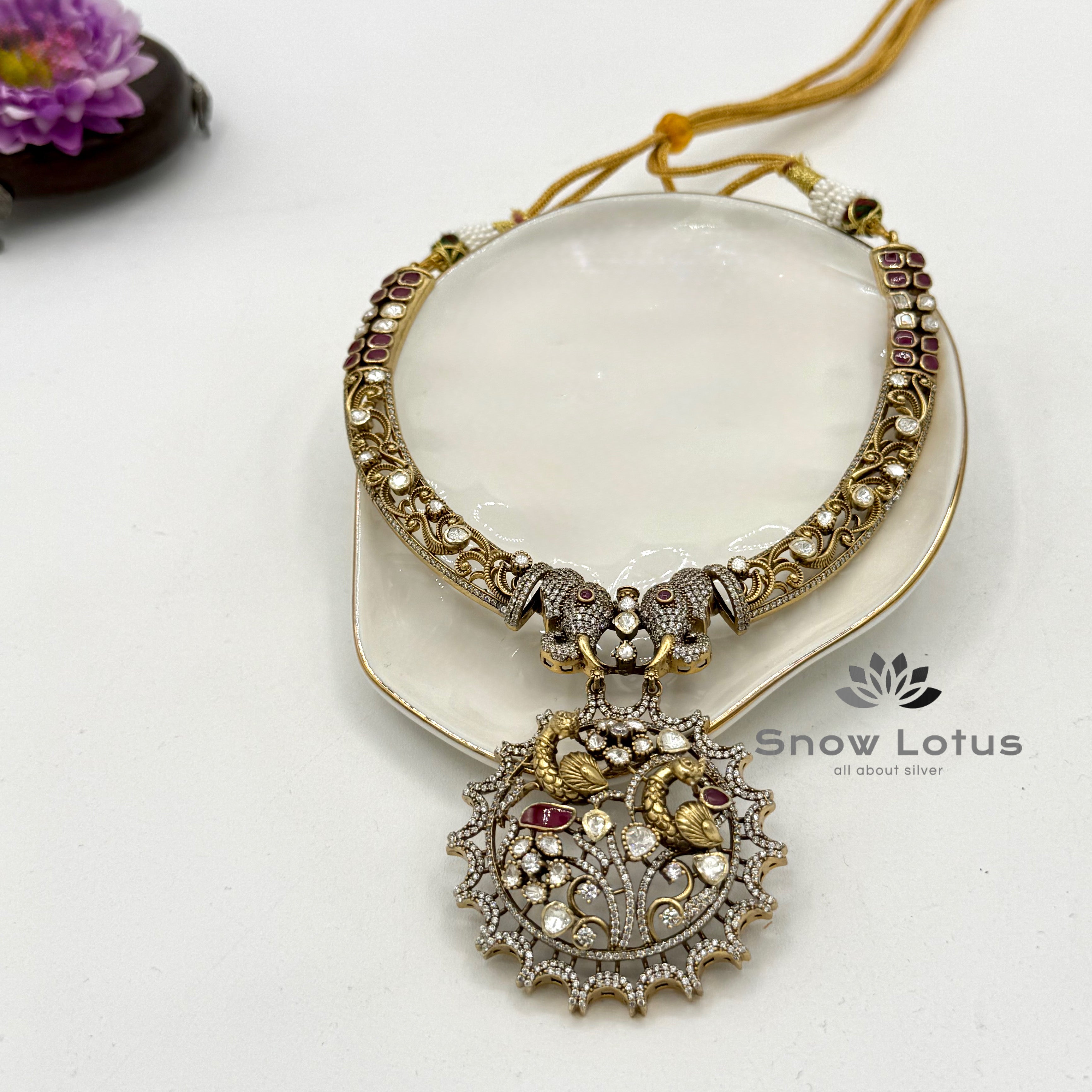 Elephant with Peacock Moissanite Short Neckpiece with Earrings