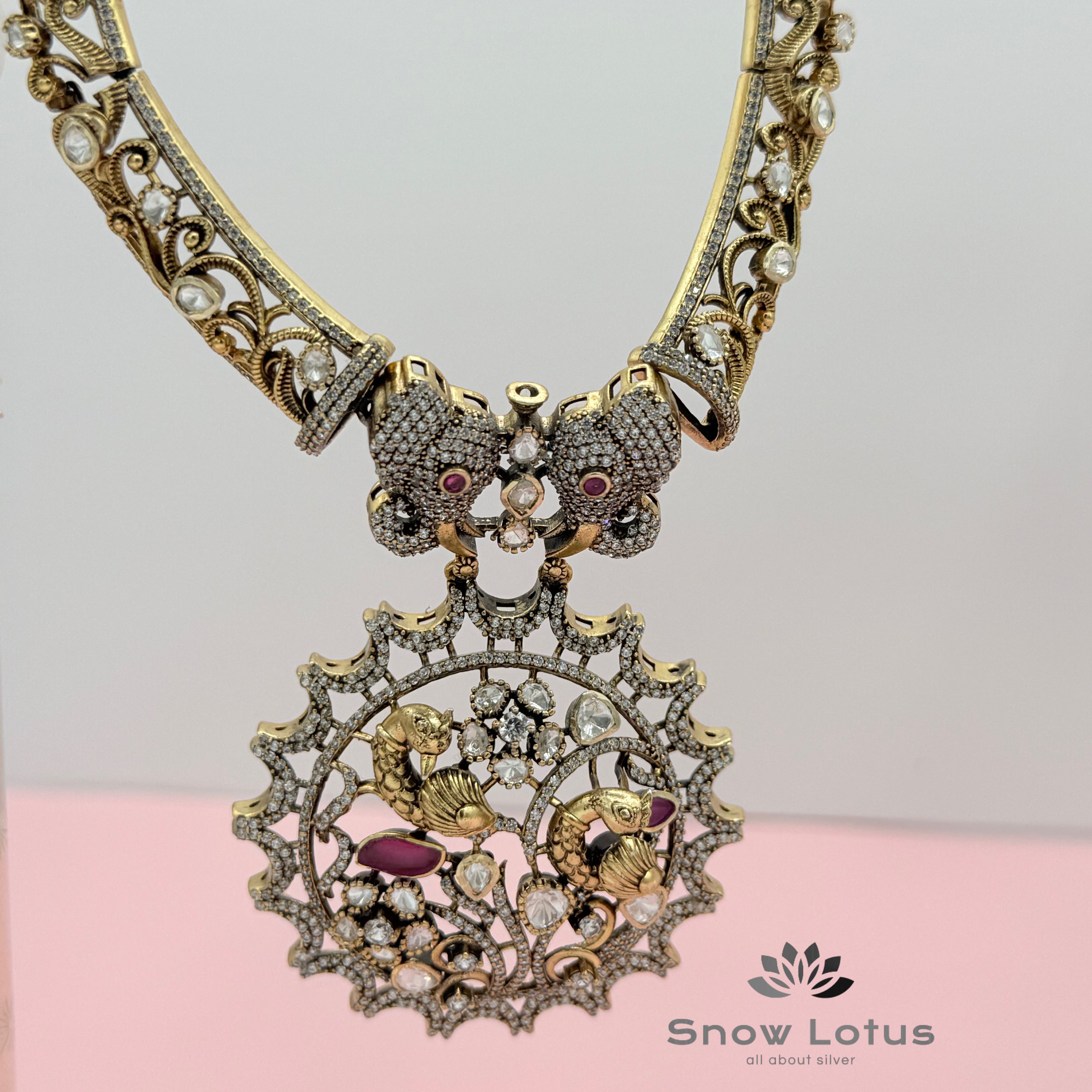 Elephant with Peacock Moissanite Short Neckpiece with Earrings