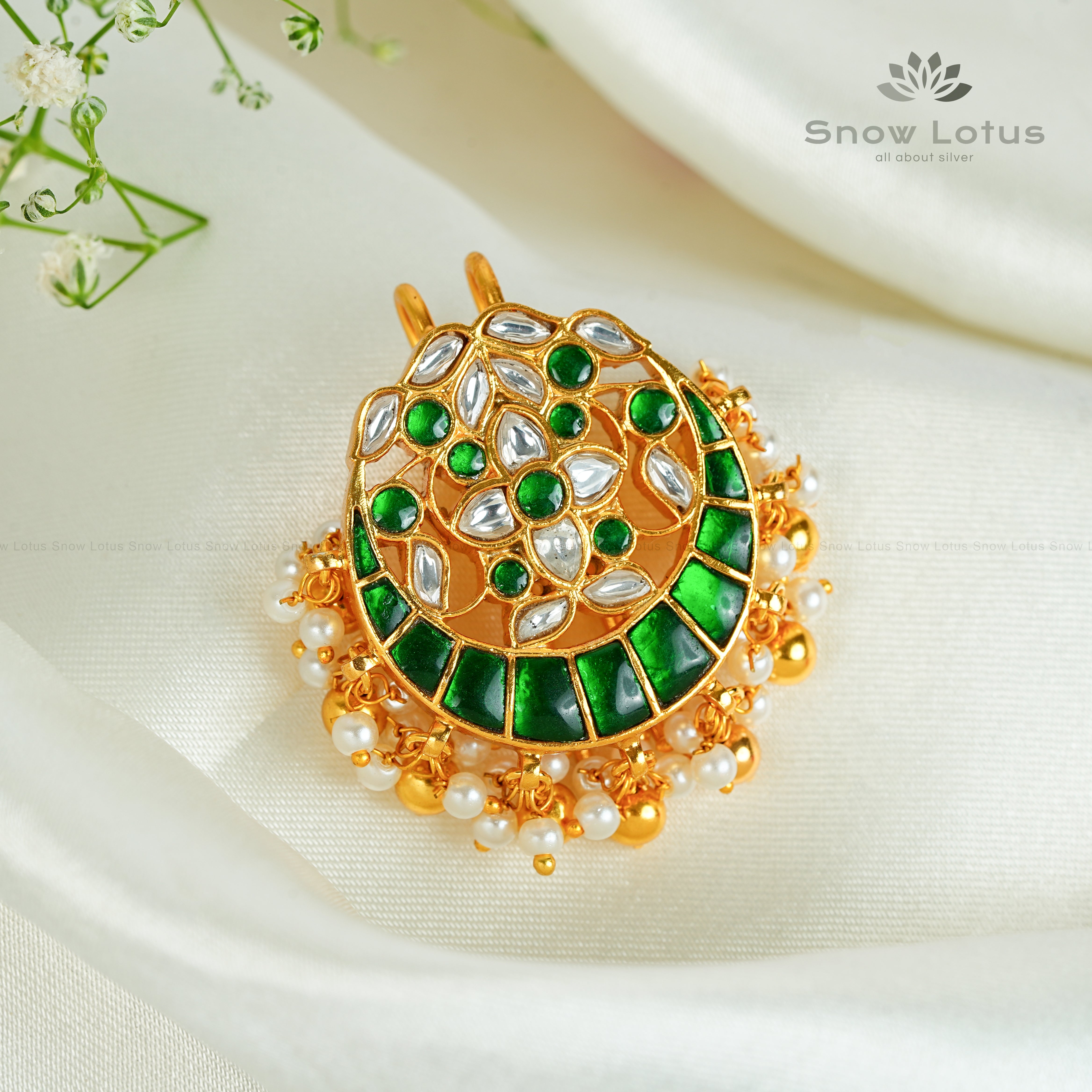Green Half Moon Kundan Juda Pin