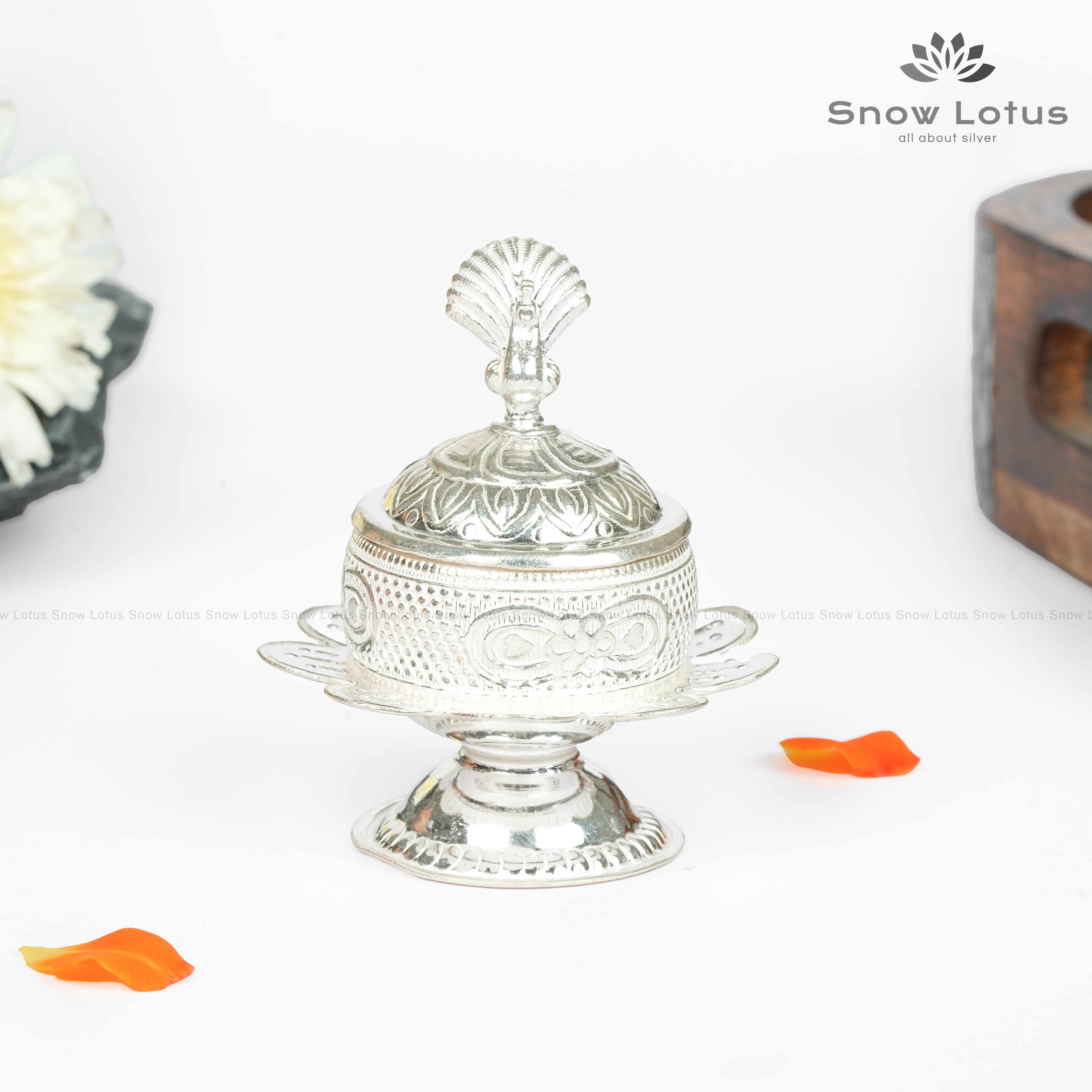 Silver Nakshi Peacock Petal Kumkum Box