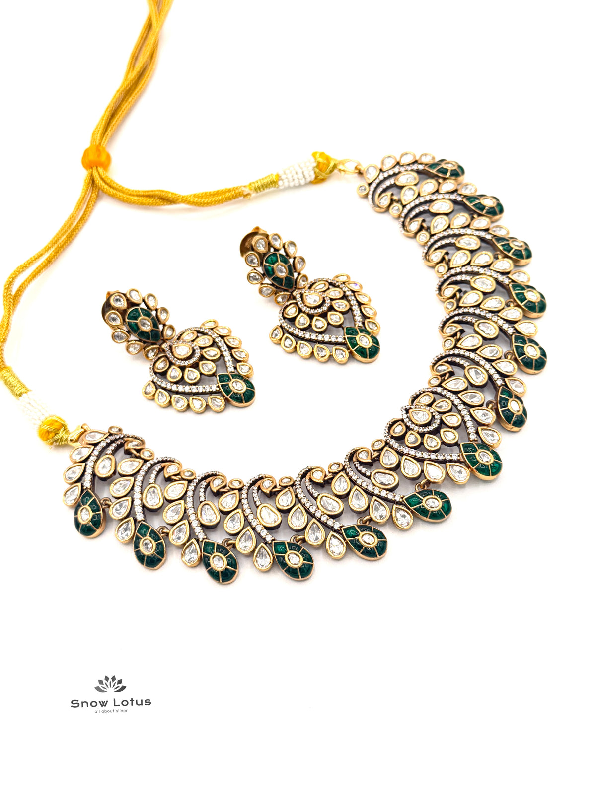 Emerald Green Polki Neckpiece With Earrings