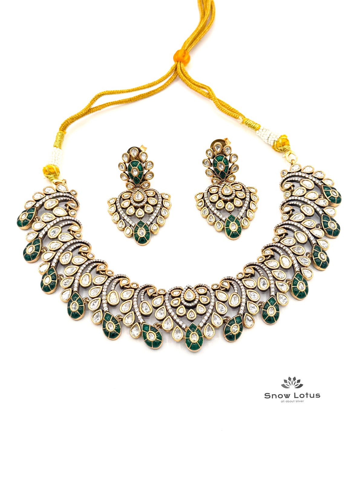 Emerald Green Polki Neckpiece With Earrings