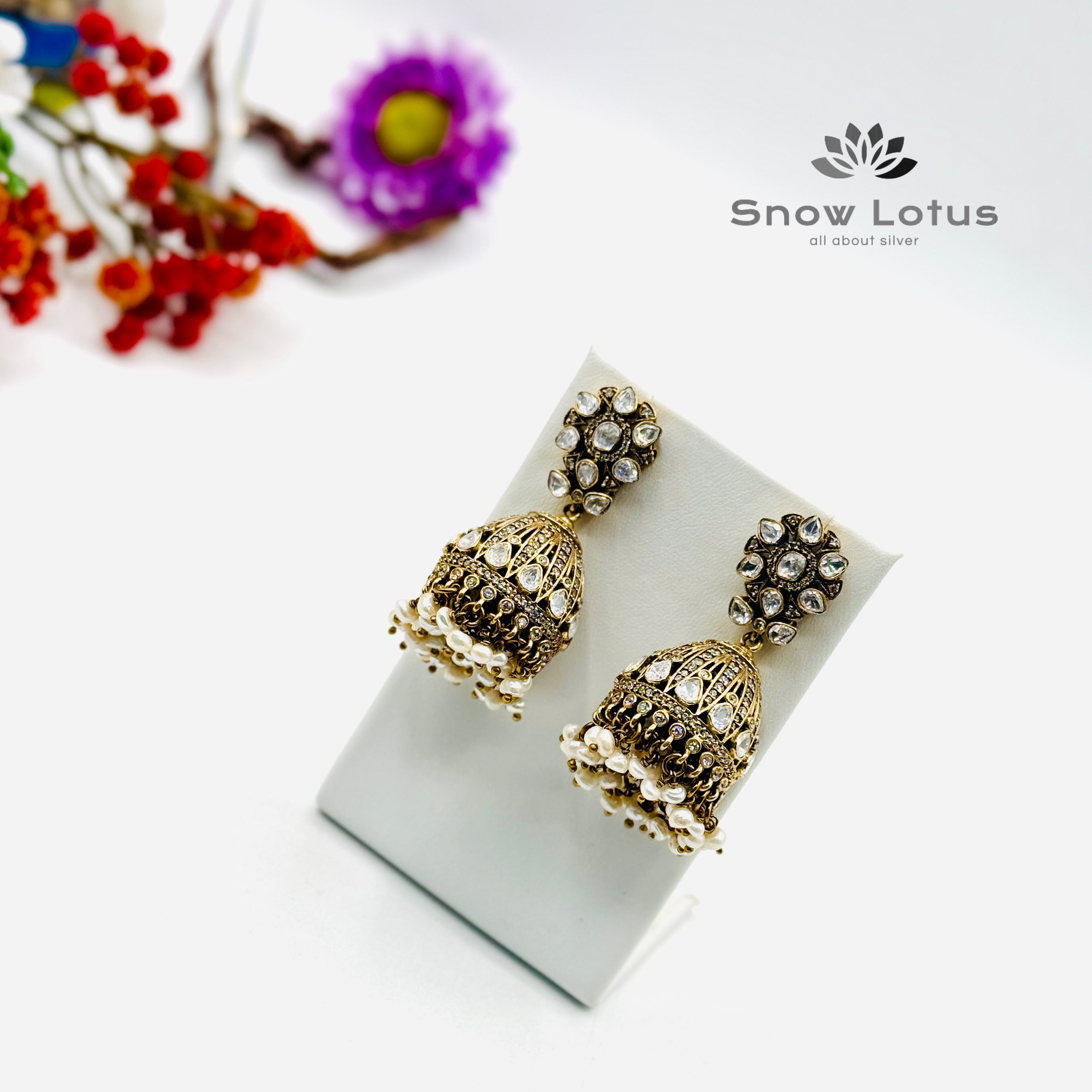 Grand Floral Pearly Moissanite Jhumka