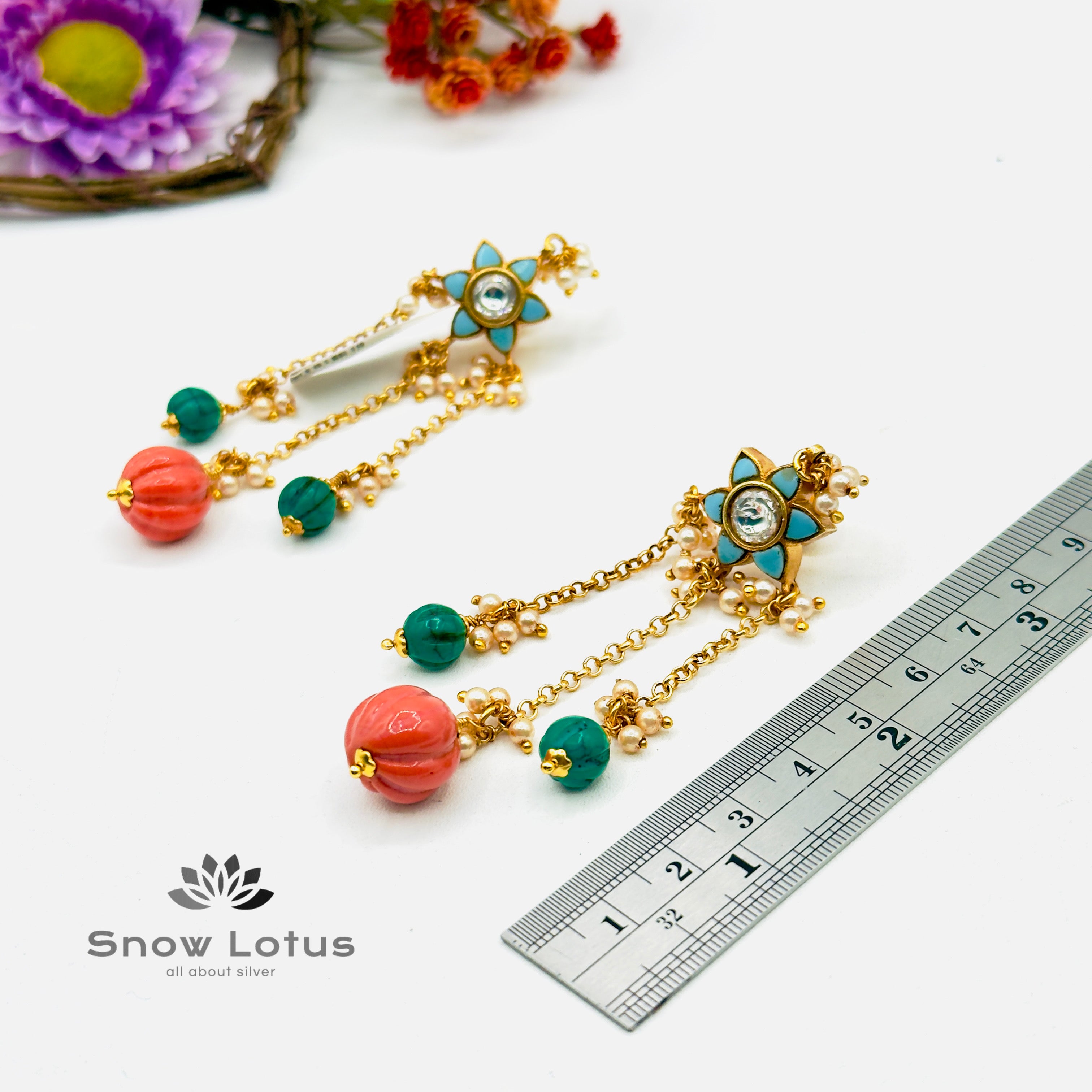 Dangling Coral & Turquoise Drop Earrings
