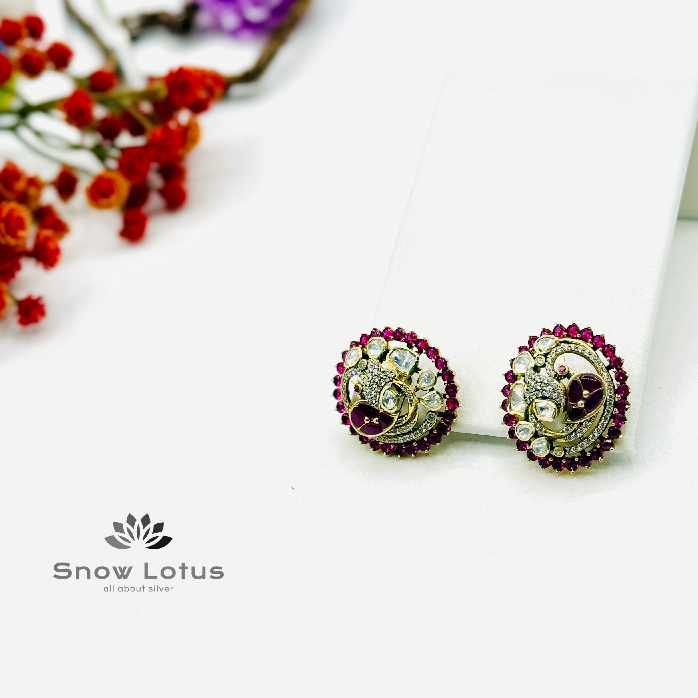 Pink Leaf Peacock Studs