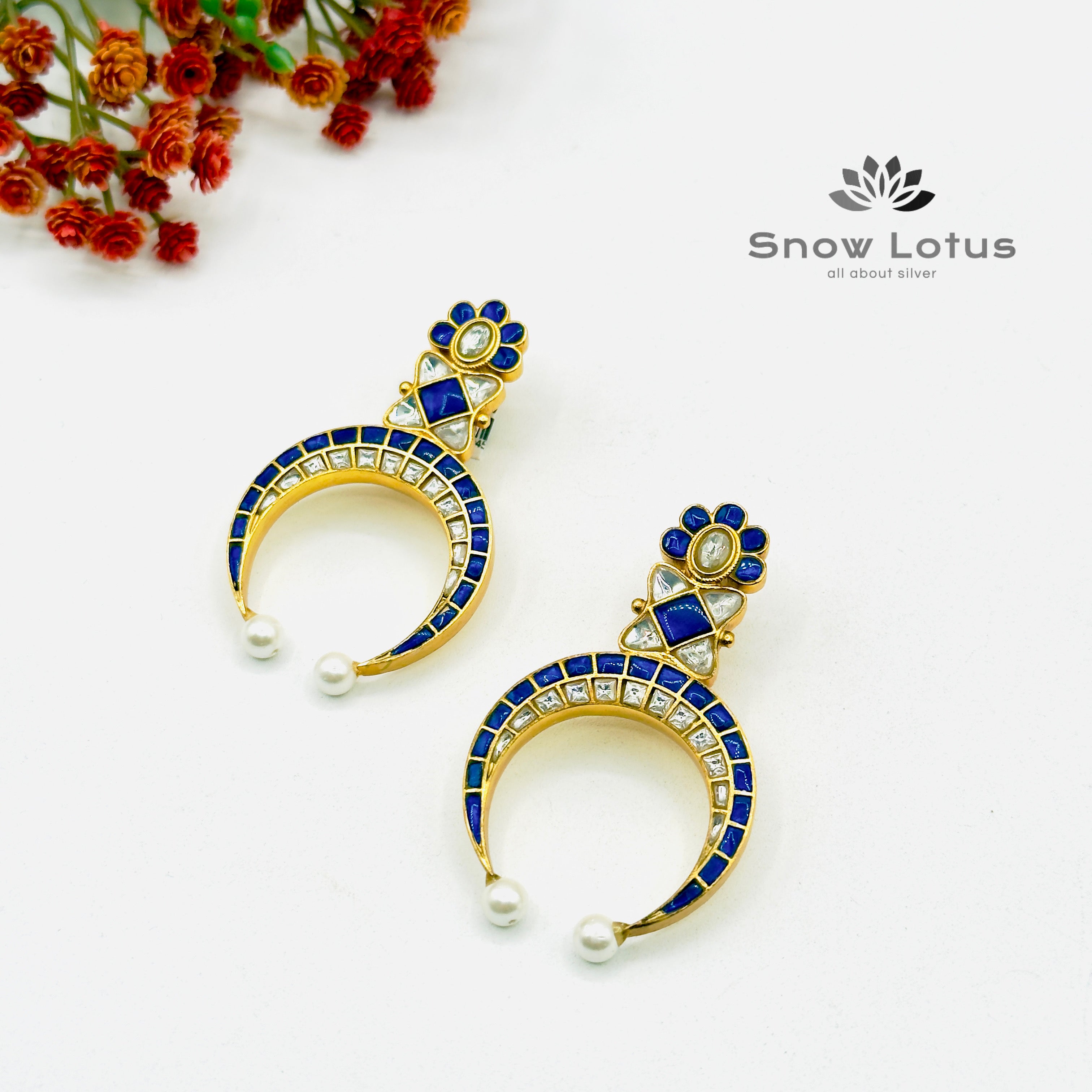 Kundan Blue & White Earrings
