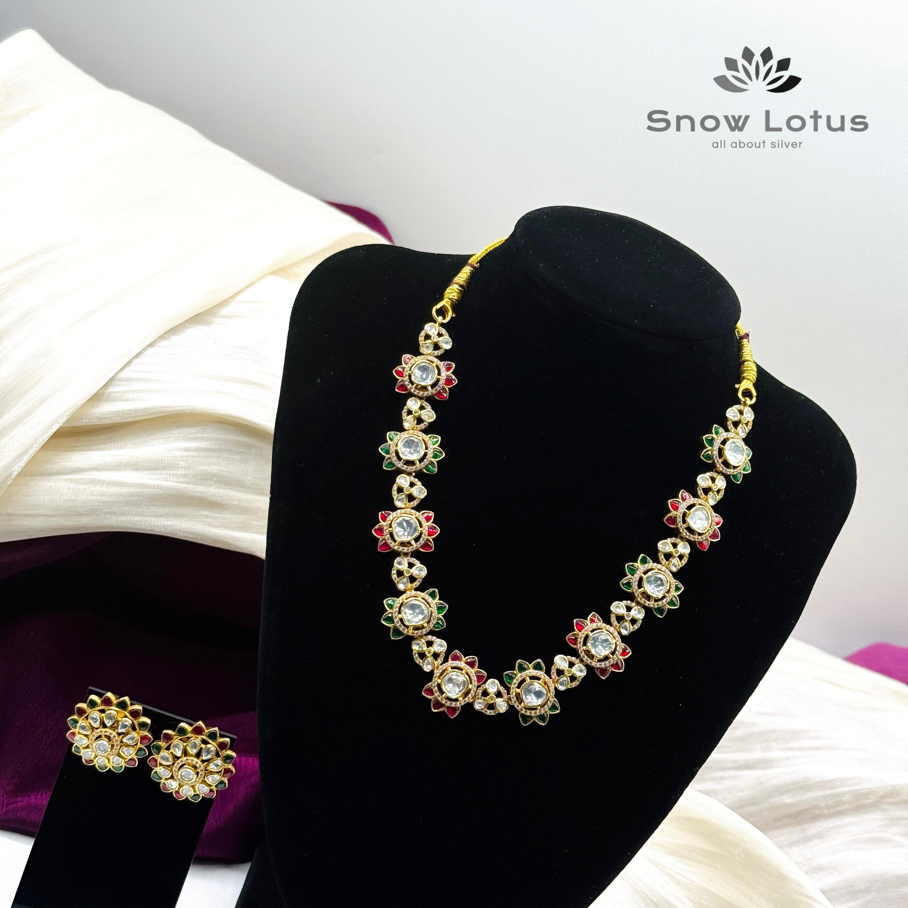 Multicoloured Flora Moissanite Neckpiece With Earrings