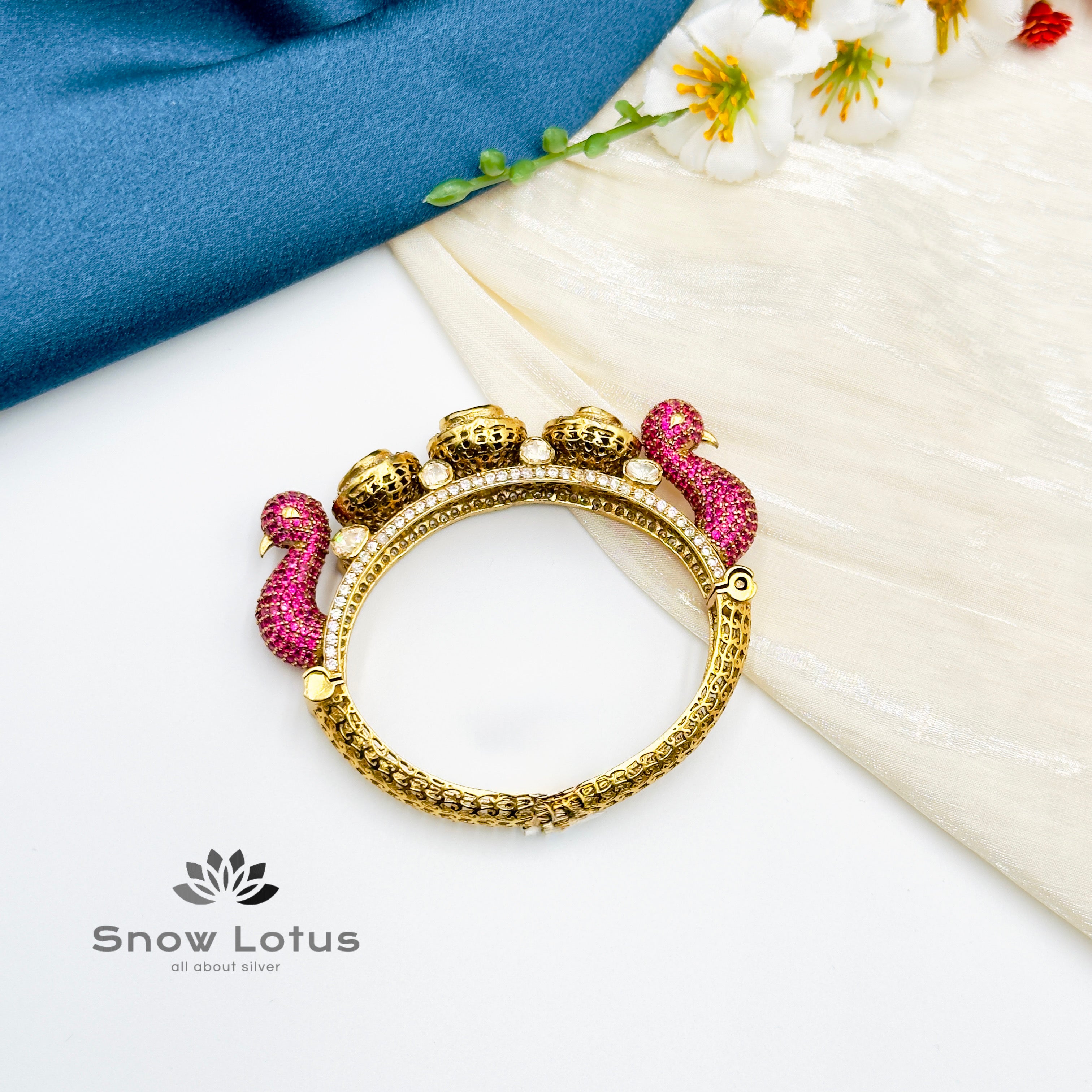 Shimmering Pinkish Peacock with Moissanite Openable Screw Kada Single (2.4)