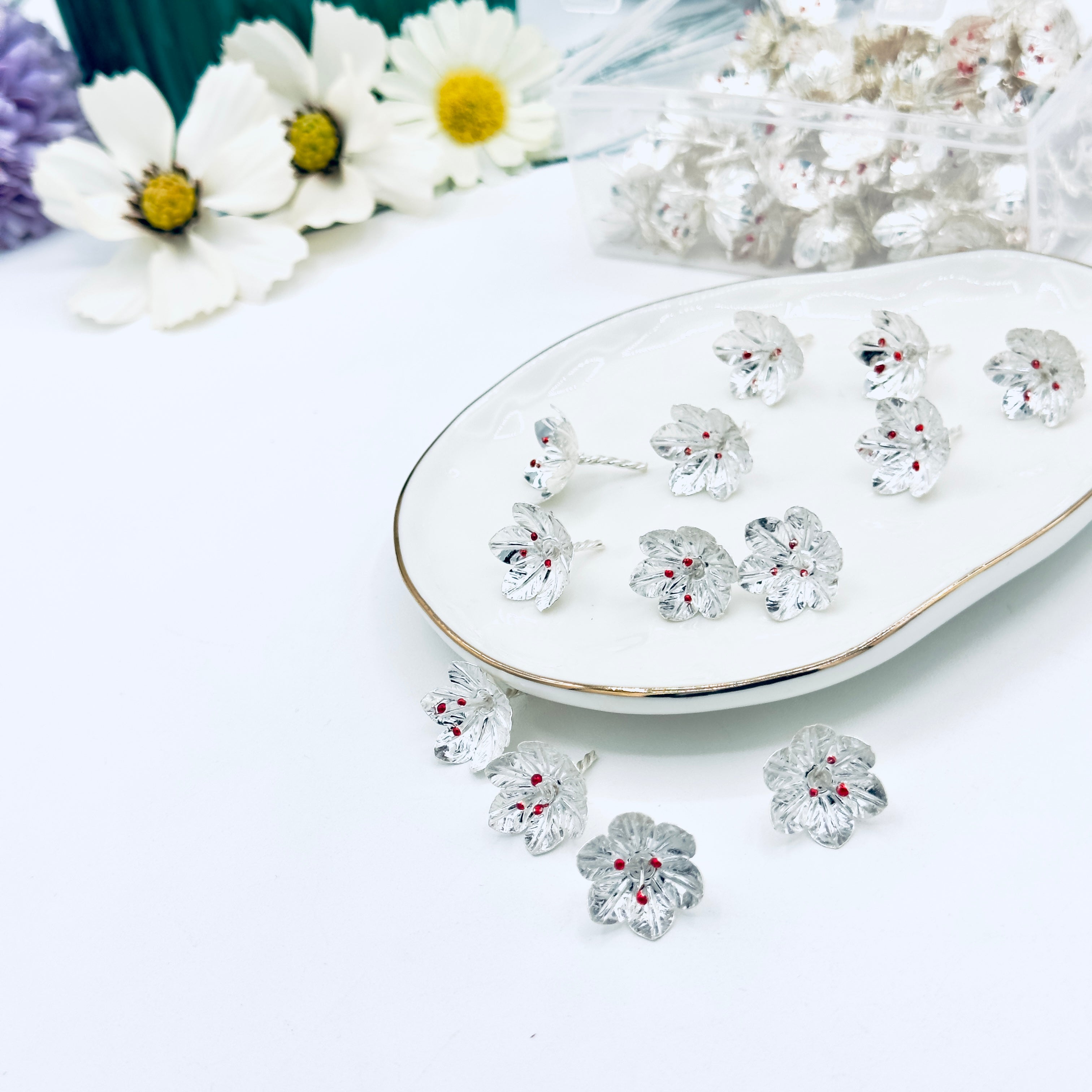 108 Silver Lotus with enamel bud