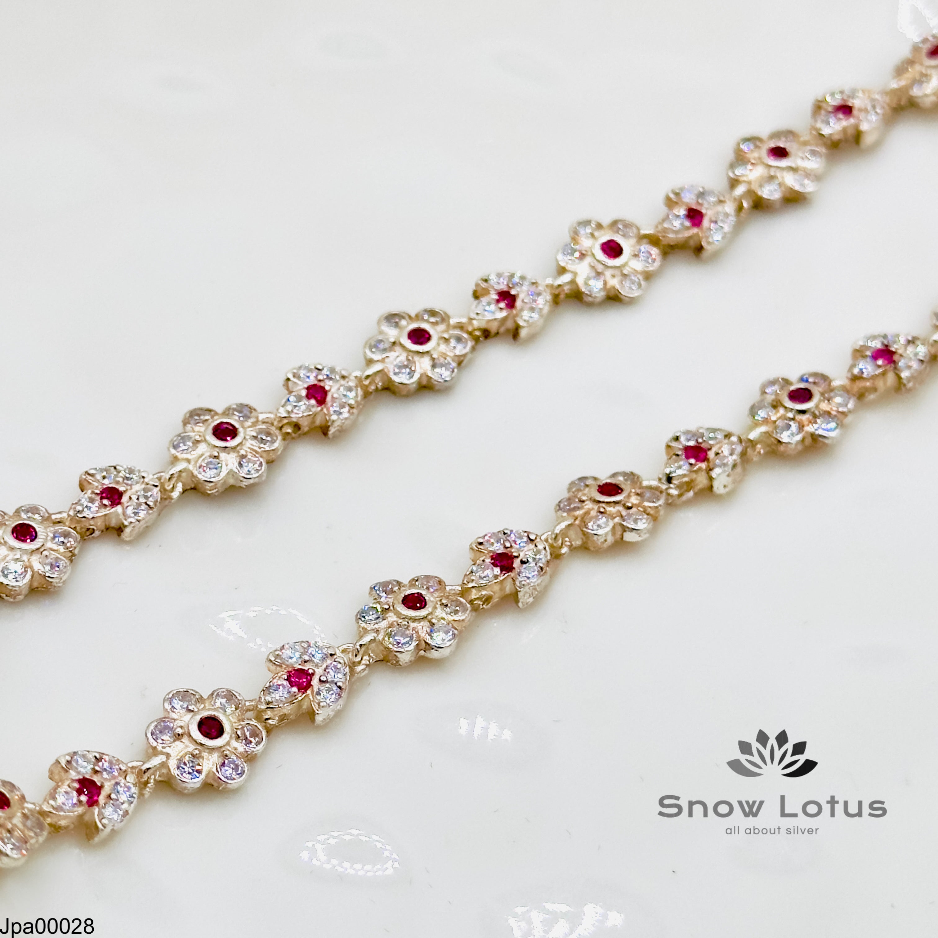 Silver Payals white flowers Pink stone