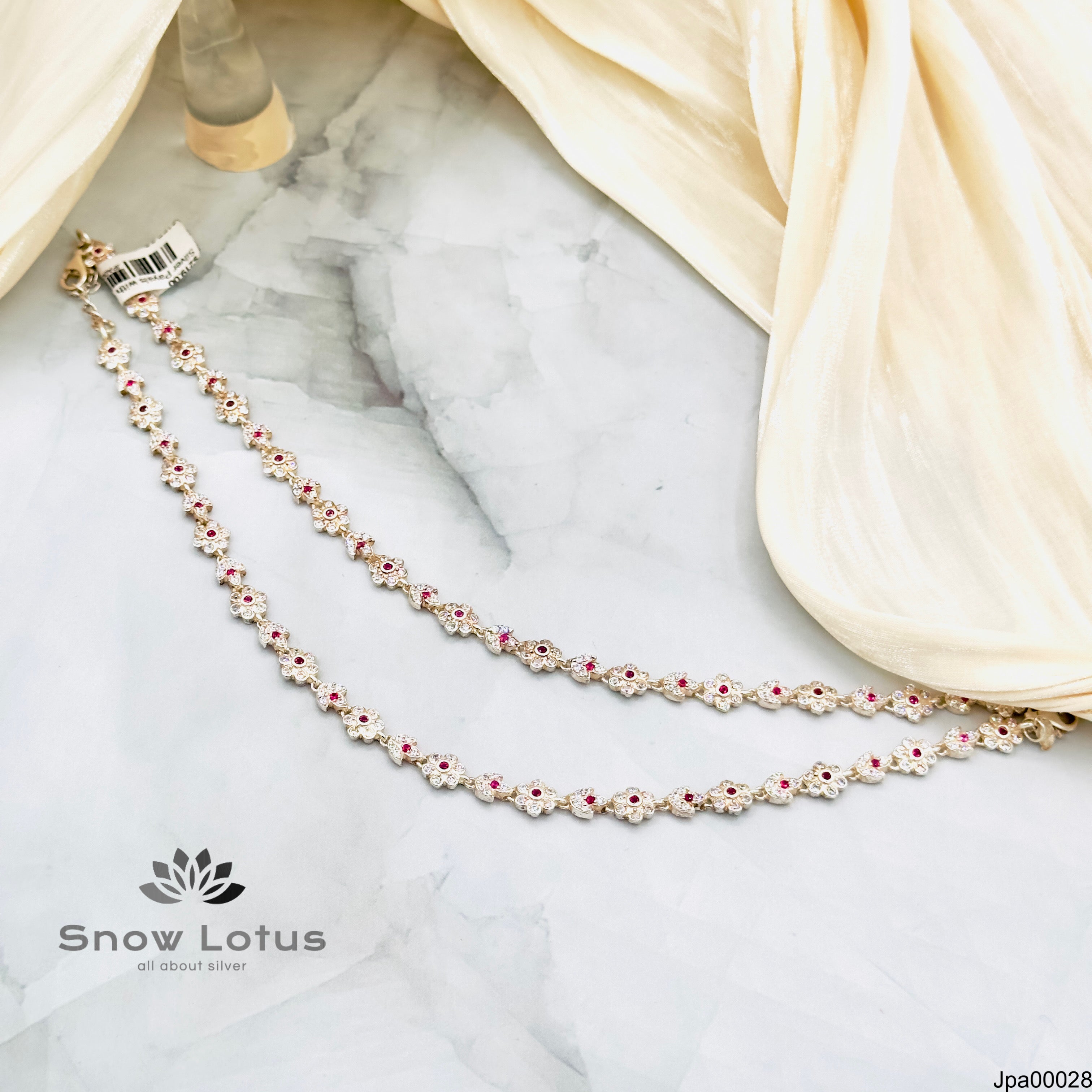 Silver Payals white flowers Pink stone