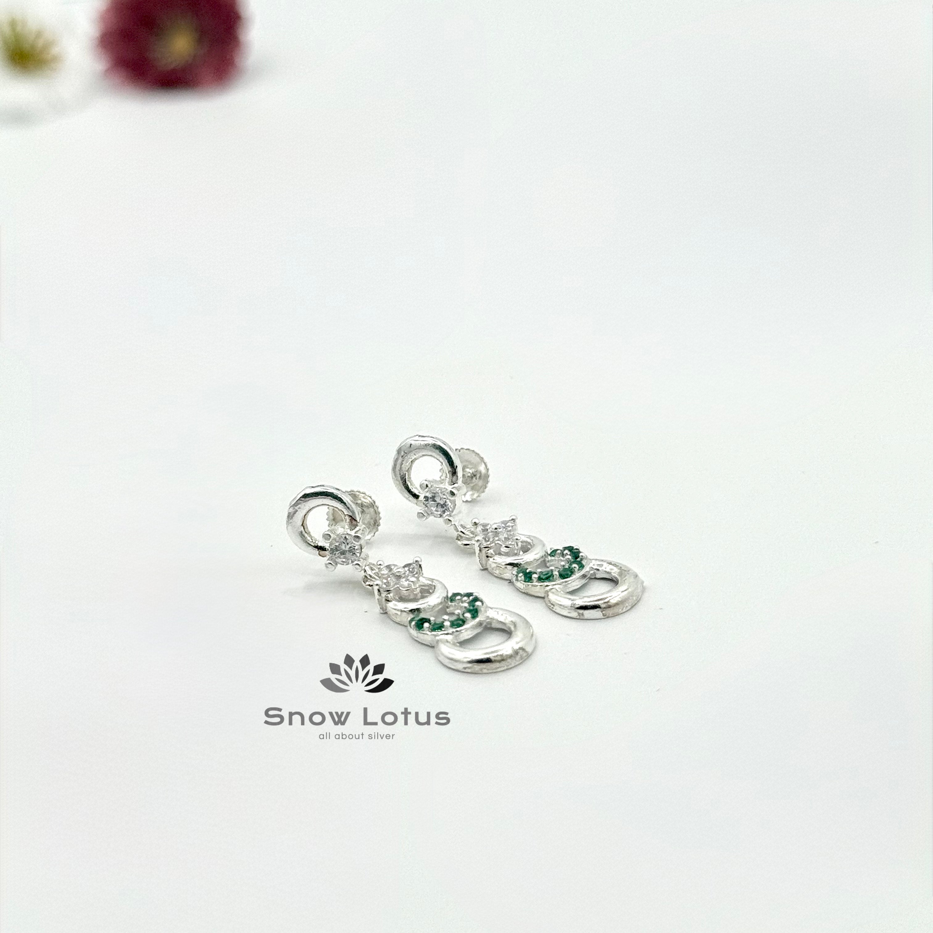 Silver CZ & Green Earrings