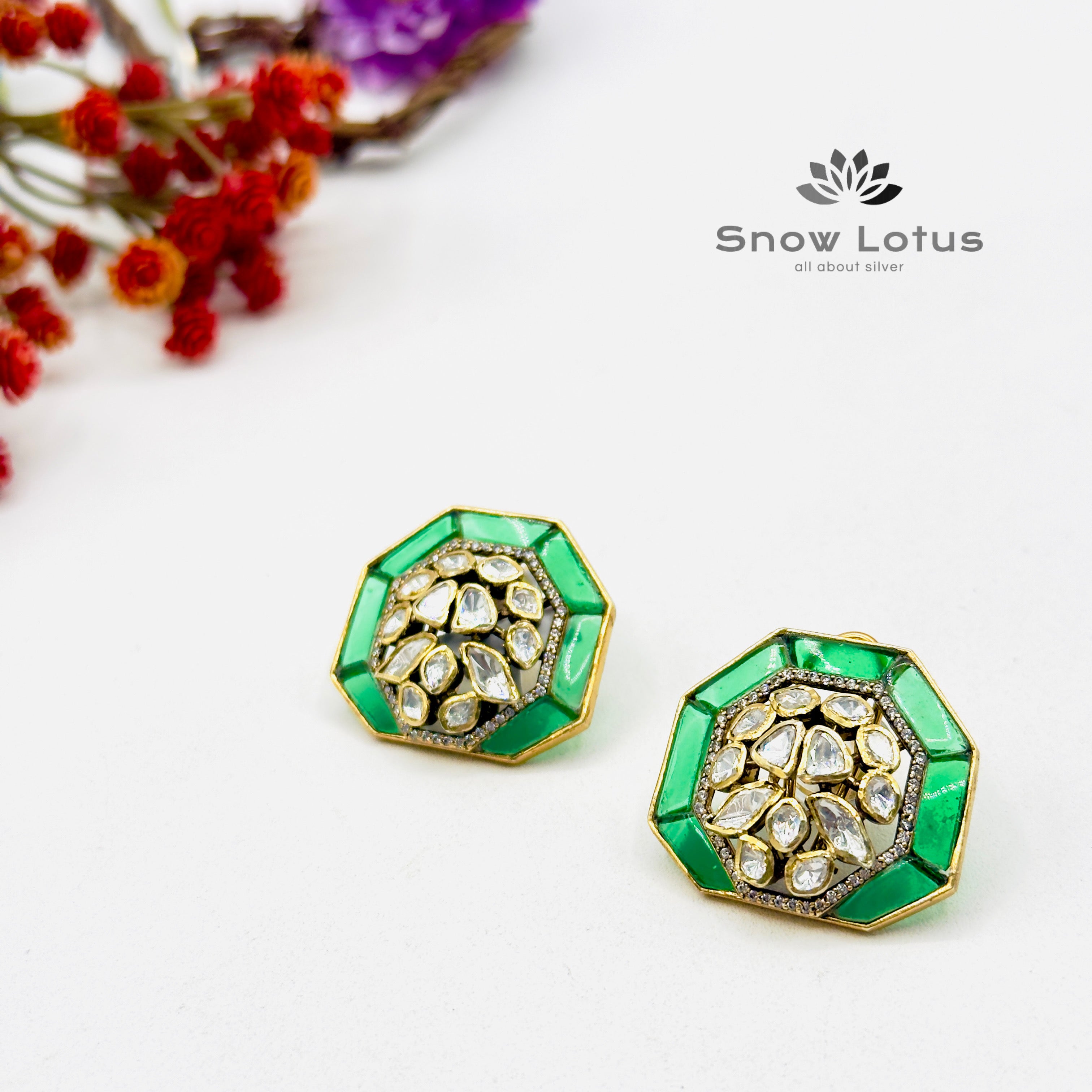 Moissanite Green Polki Studs