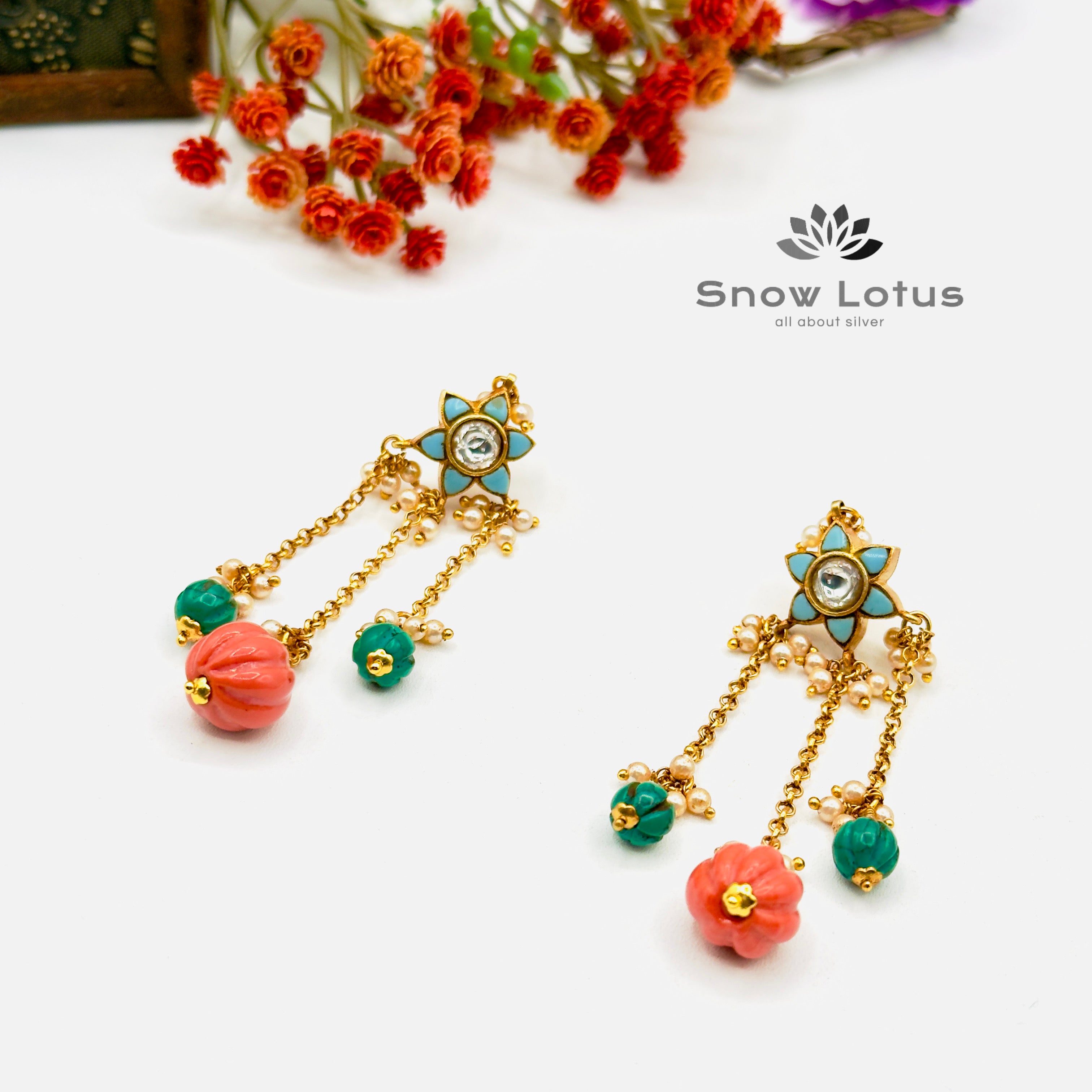 Dangling Coral & Turquoise Drop Earrings