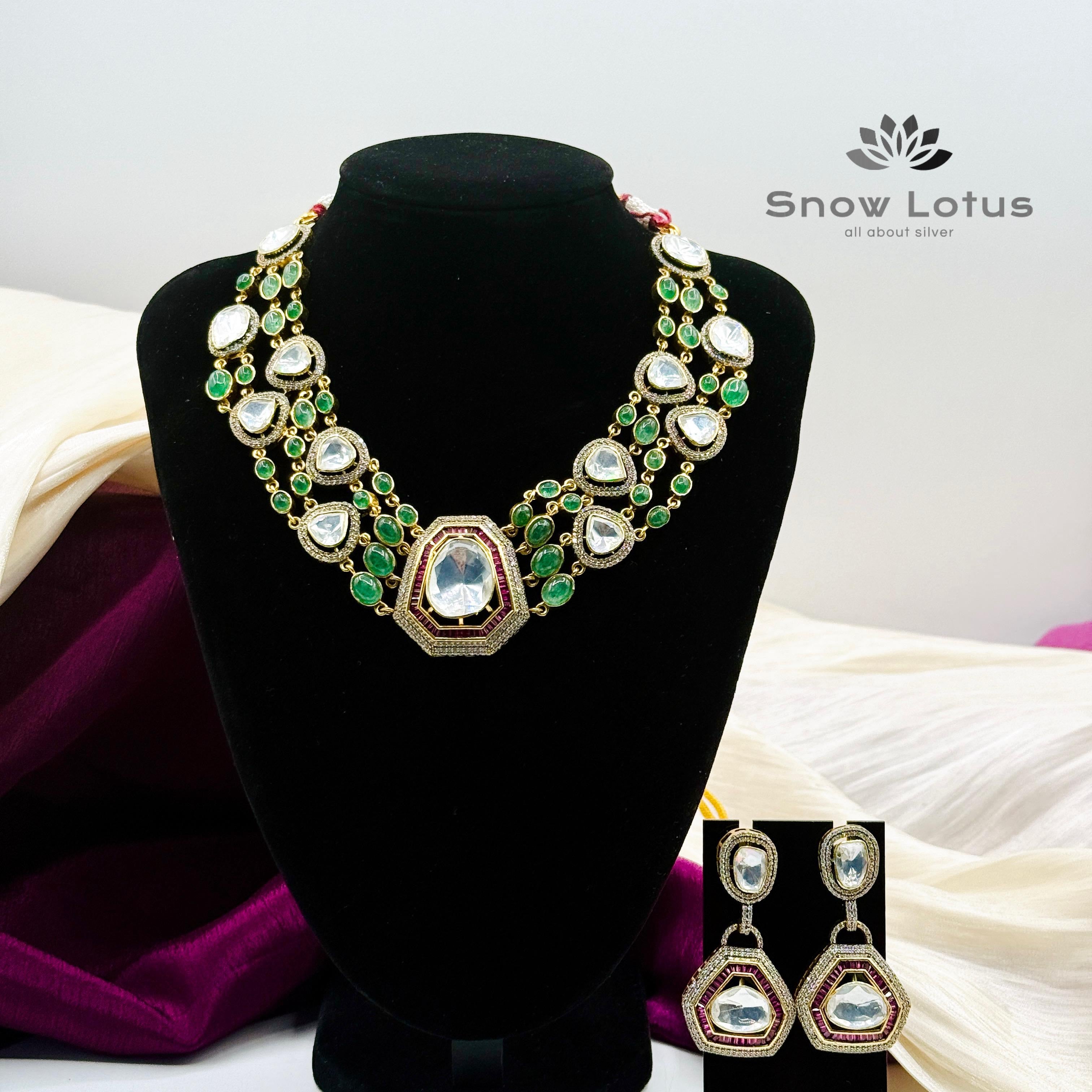 Green Moissanite Neckpiece With Earrings