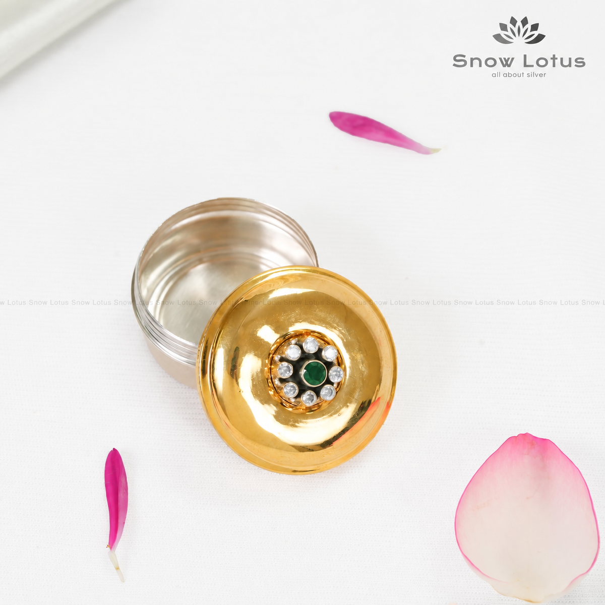 Gold Plated Green Stone Kumkum Box
