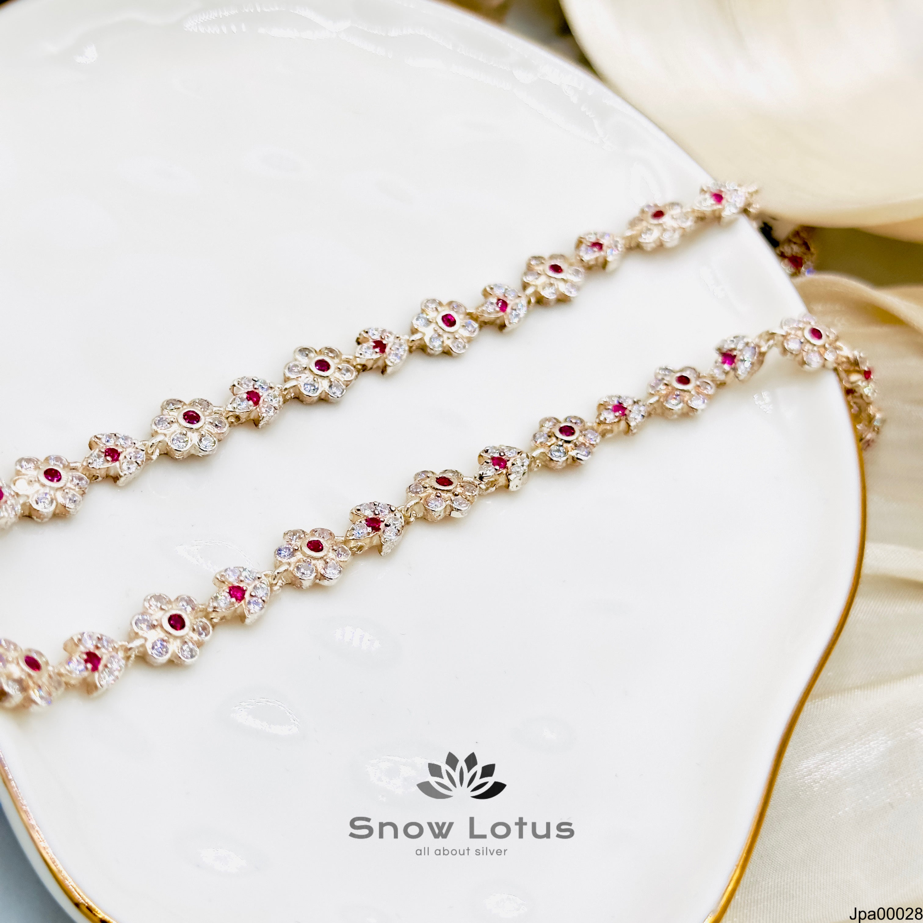 Silver Payals white flowers Pink stone