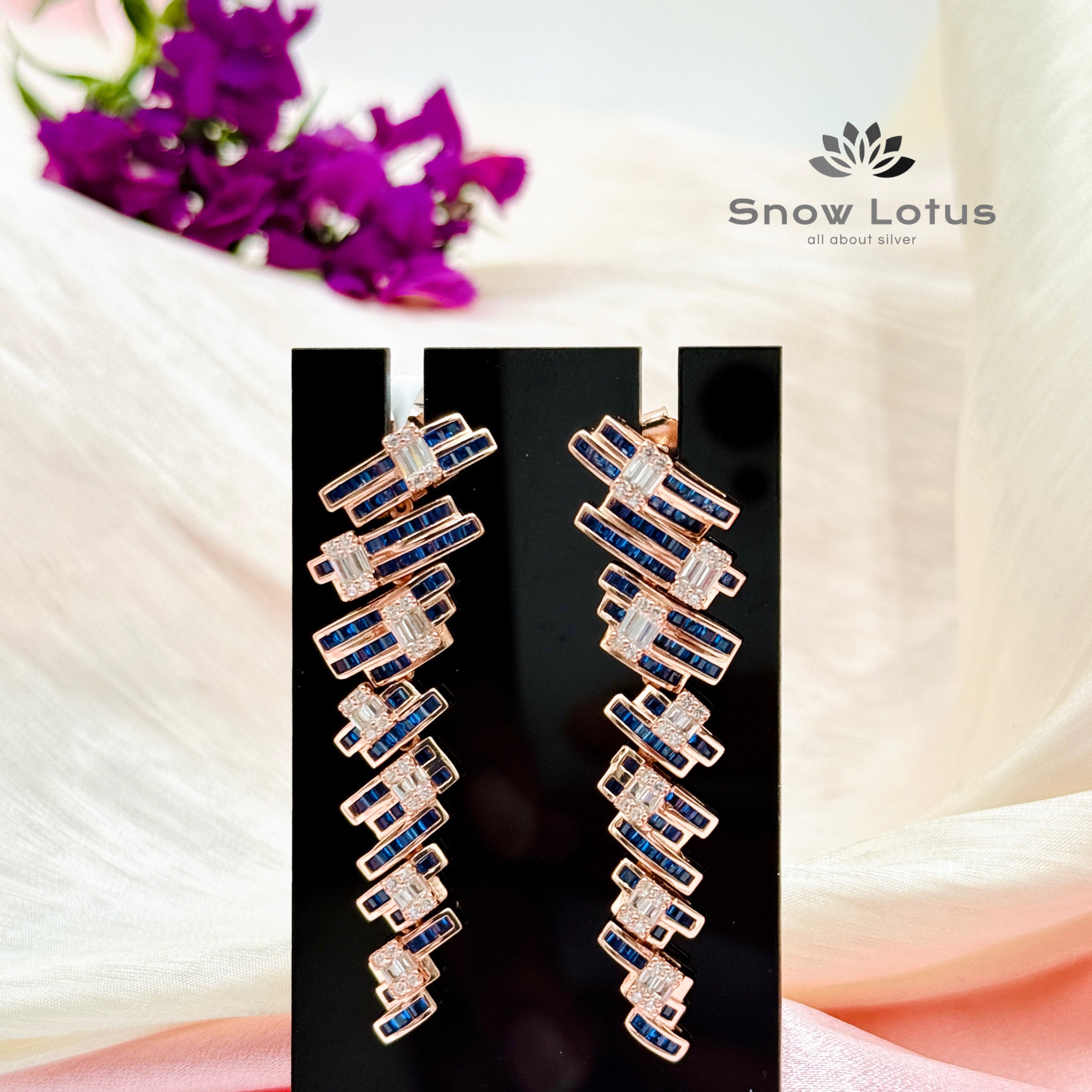 Wavering Blue Rose Gold Earrings