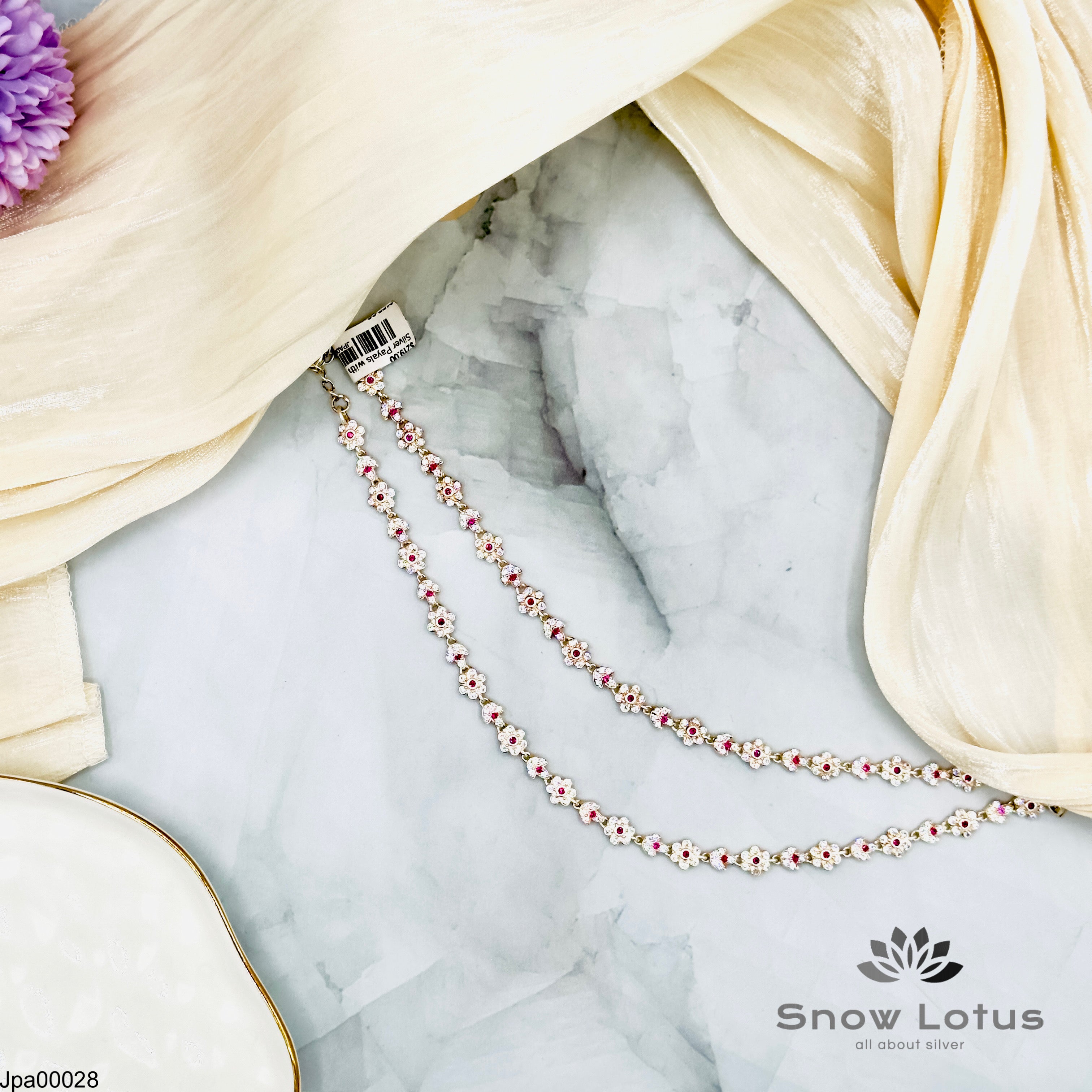 Silver Payals white flowers Pink stone