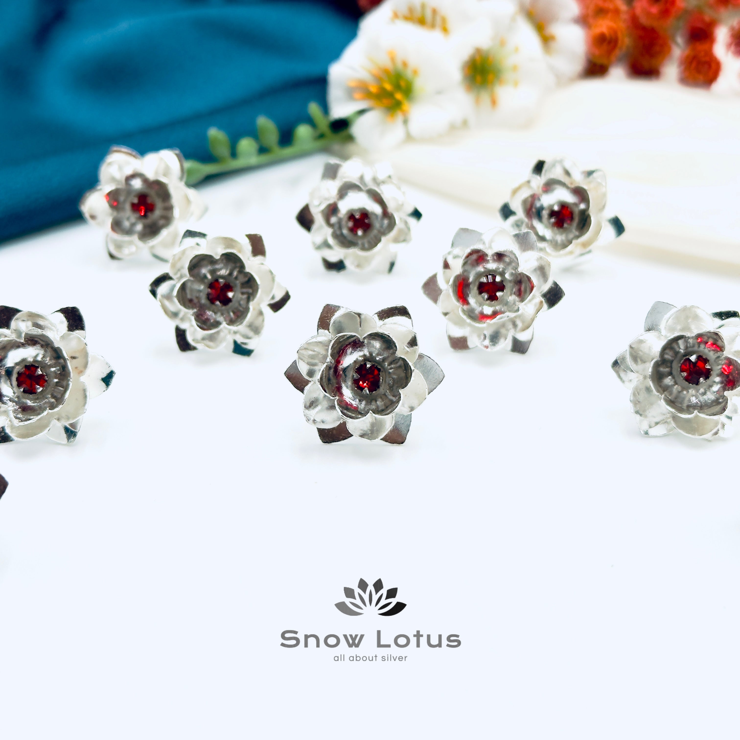 108 Silver Petal Jasmine with Red Stone