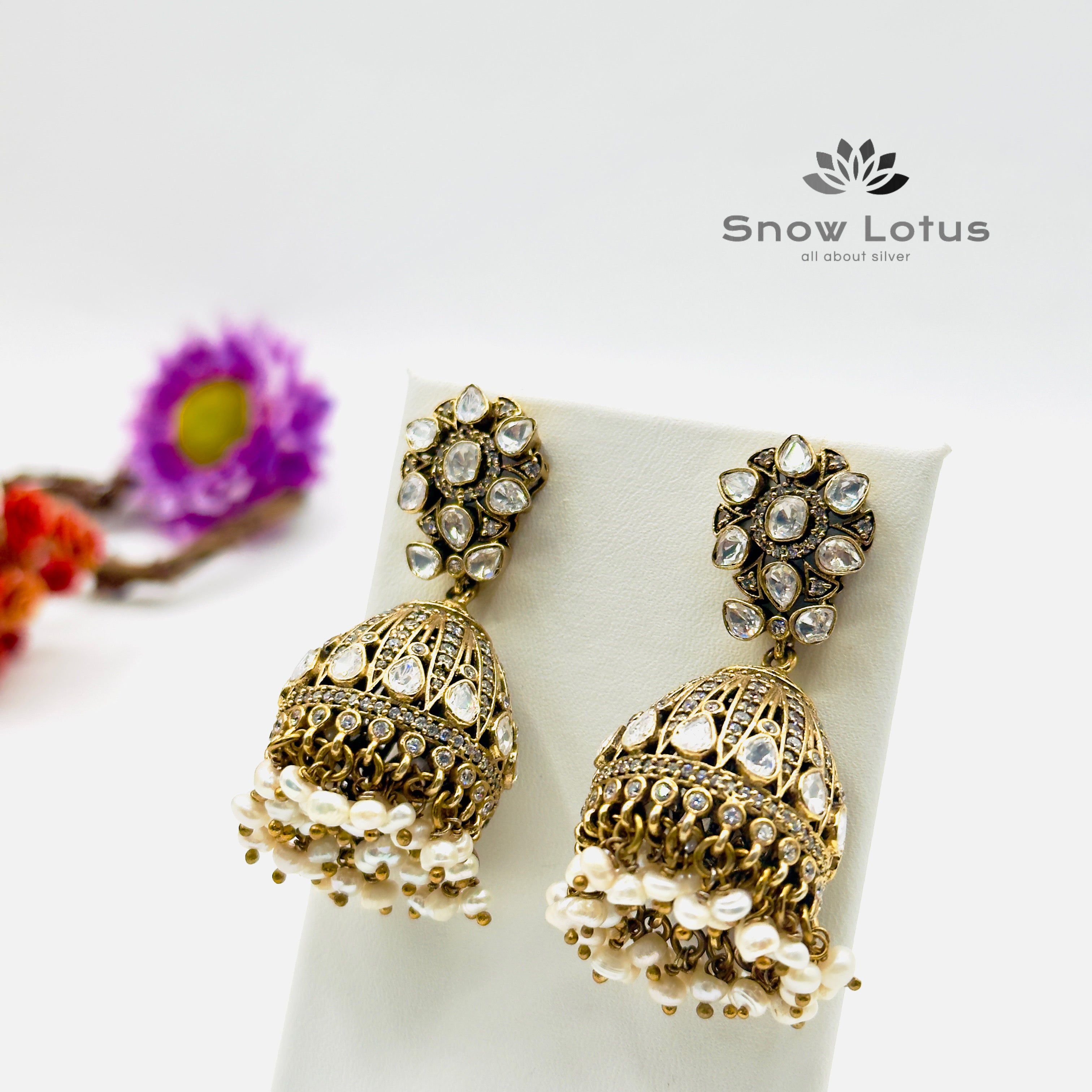 Grand Floral Pearly Moissanite Jhumka