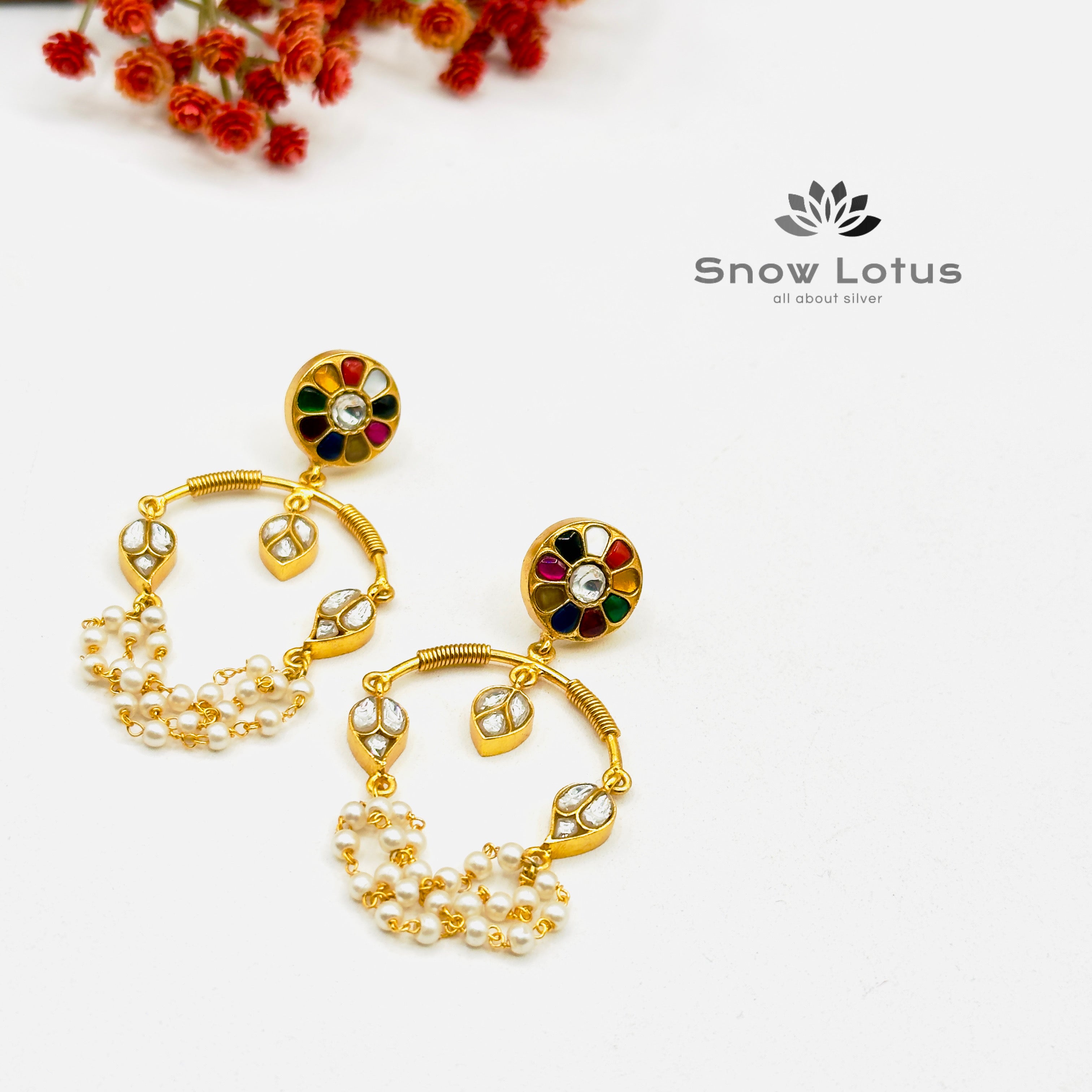 Navratna Pearled Chain Earrings