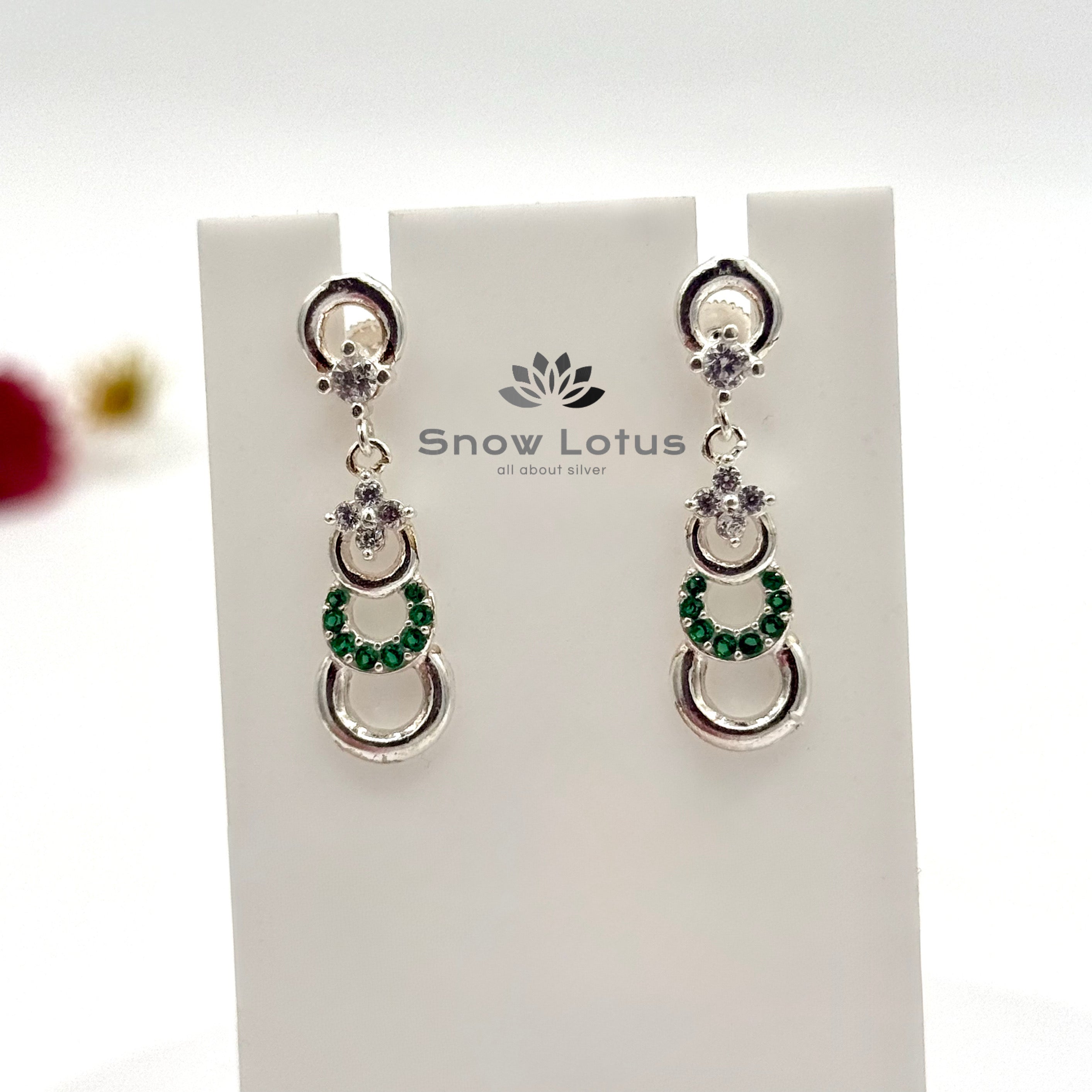 Silver CZ & Green Earrings