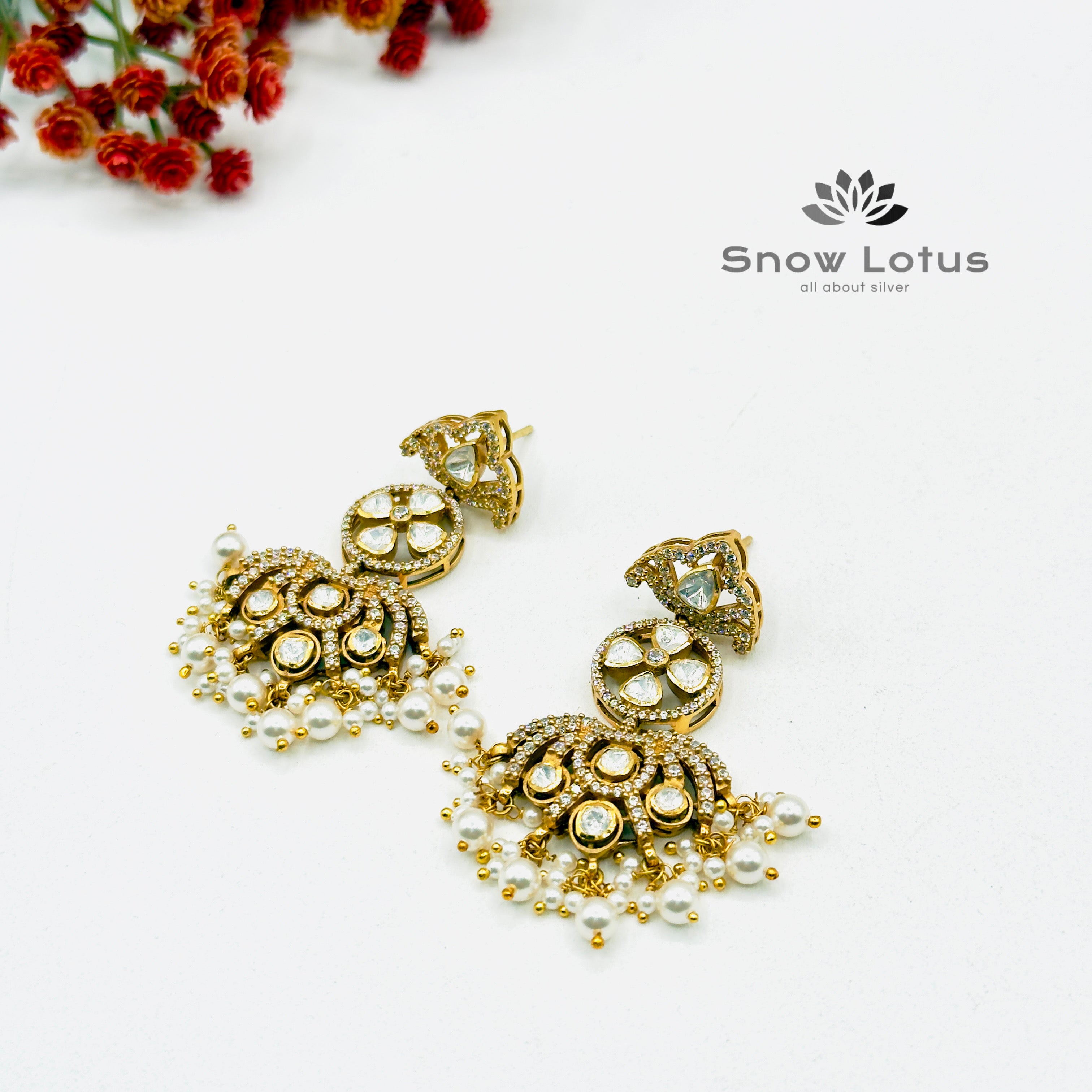 Sparkling Floral Pearly Moissanite Chandbali