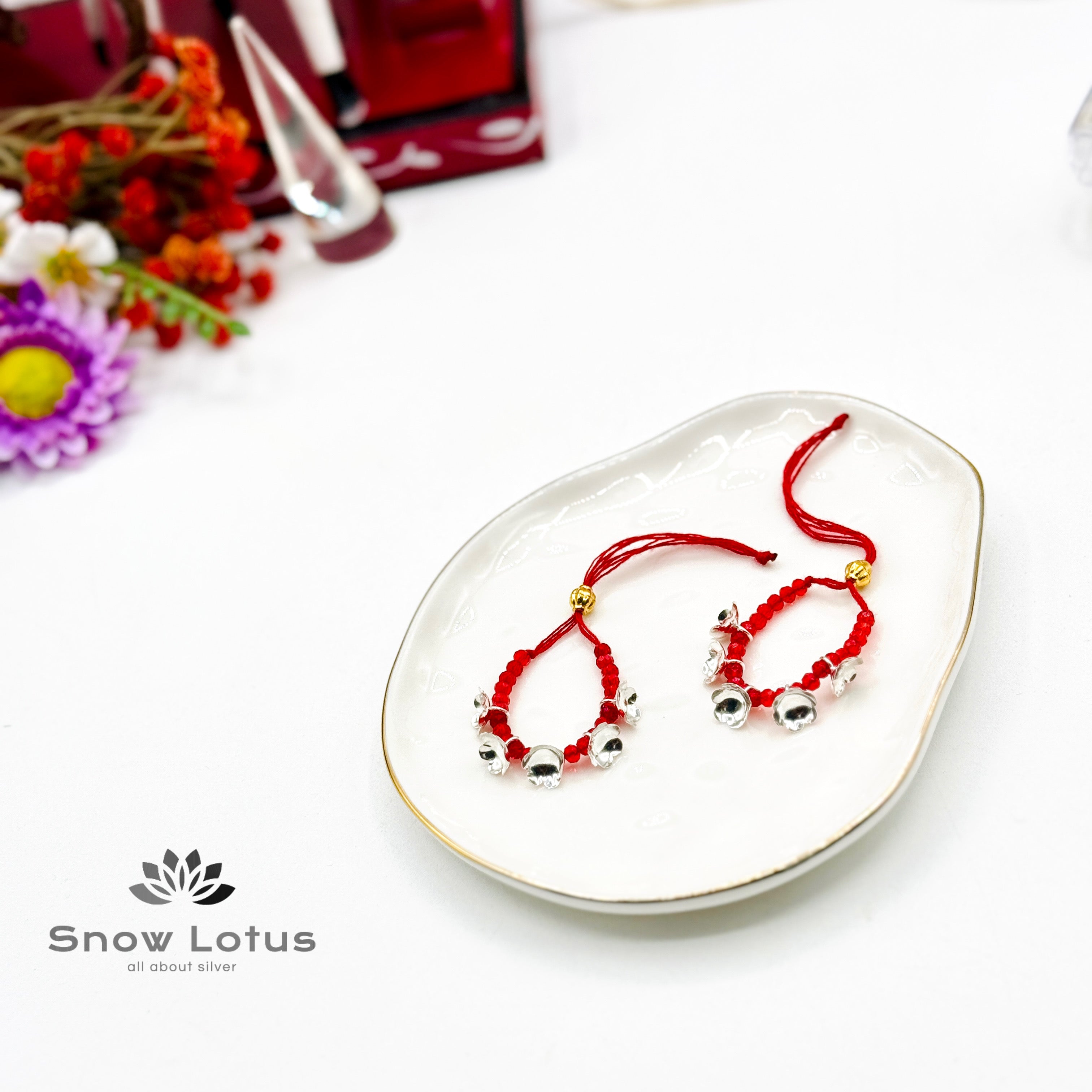 2 gms Silver Flowers Mini Haaram Red