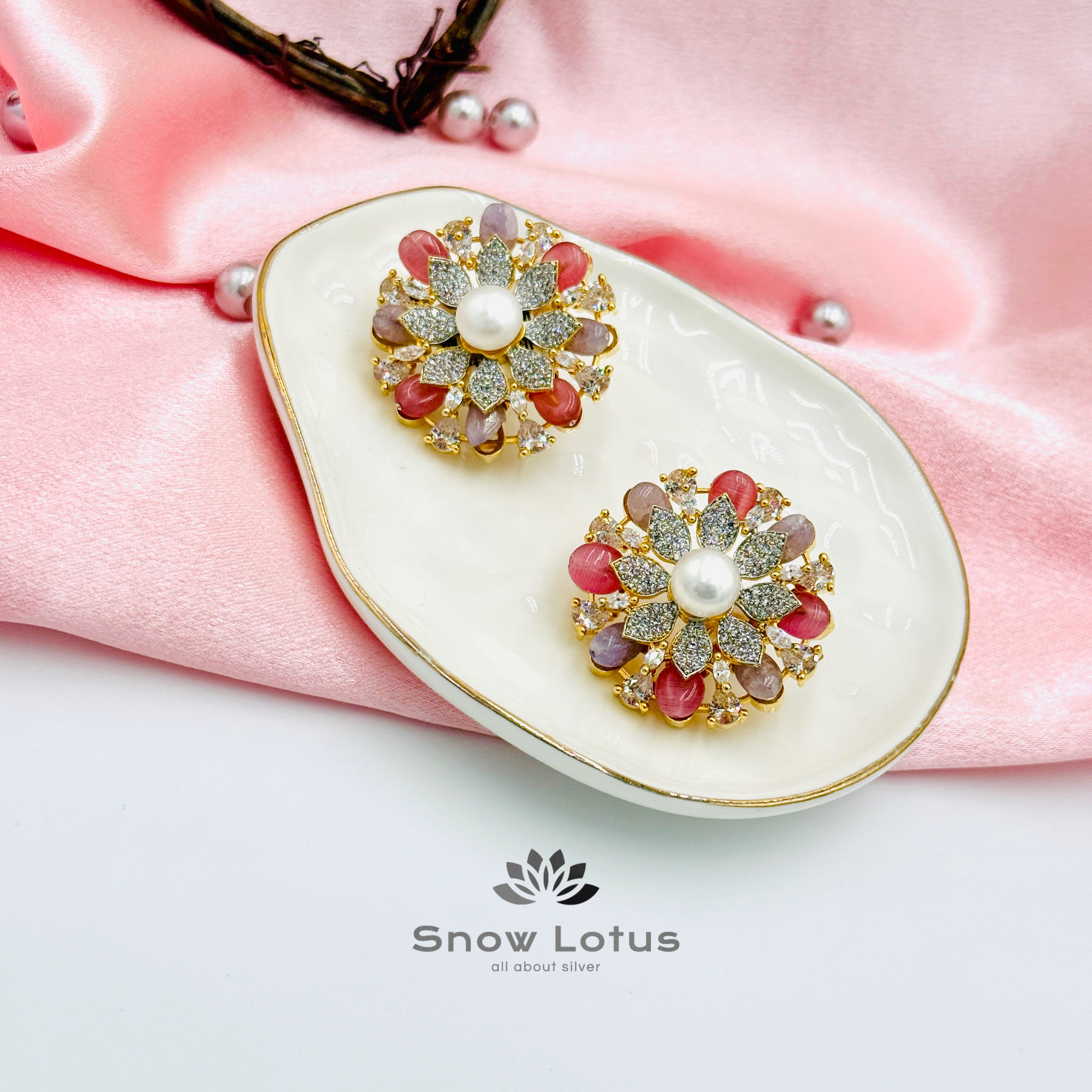 Floral Pearl Colorful CZ Studs