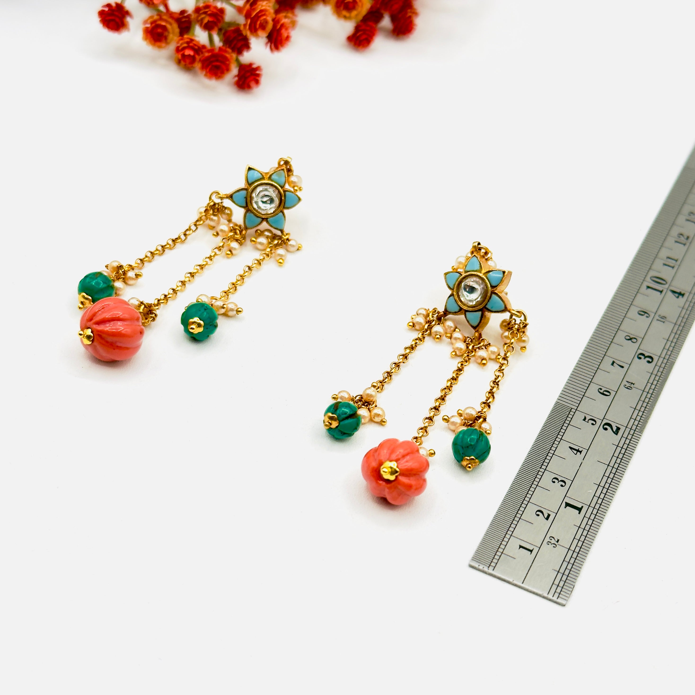Dangling Coral & Turquoise Drop Earrings