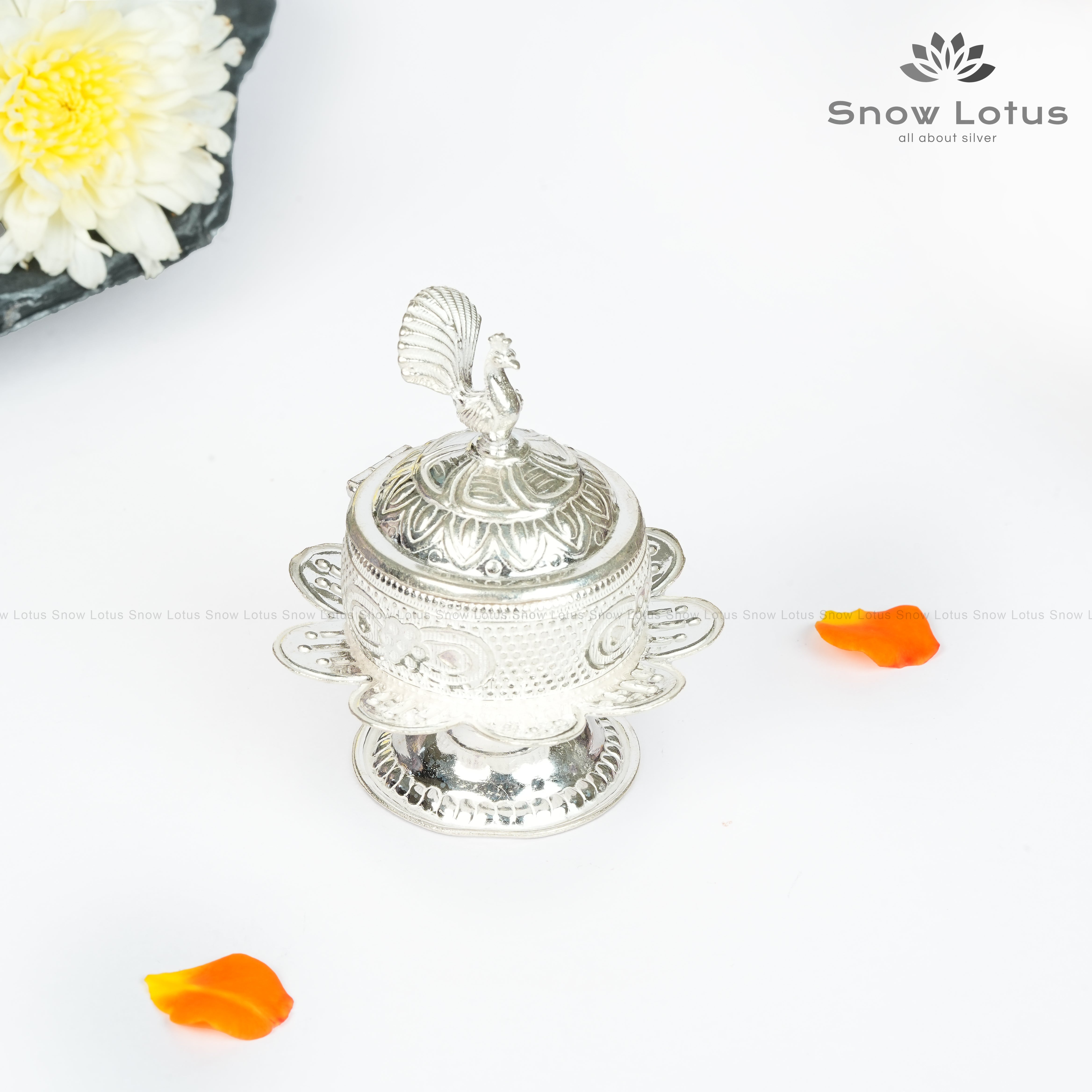 Silver Nakshi Peacock Petal Kumkum Box