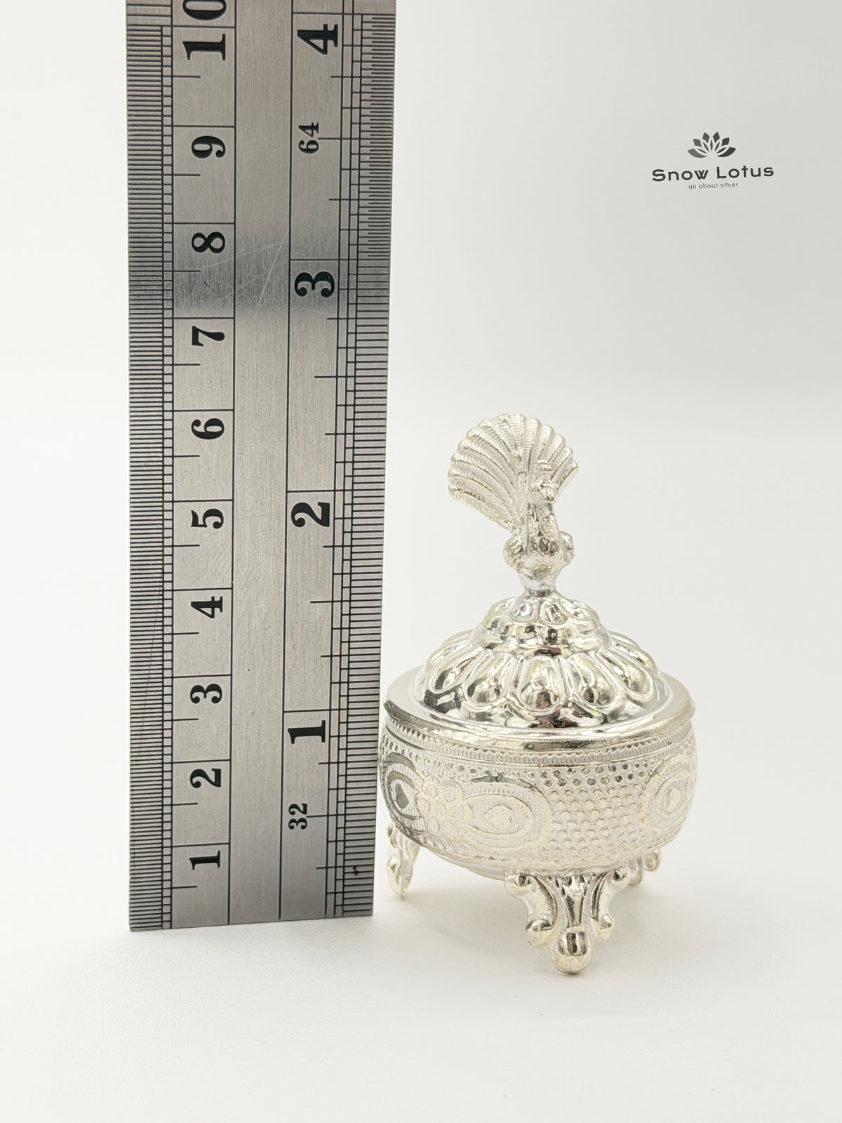 Silver Nakshi Peacock Kumkum Box