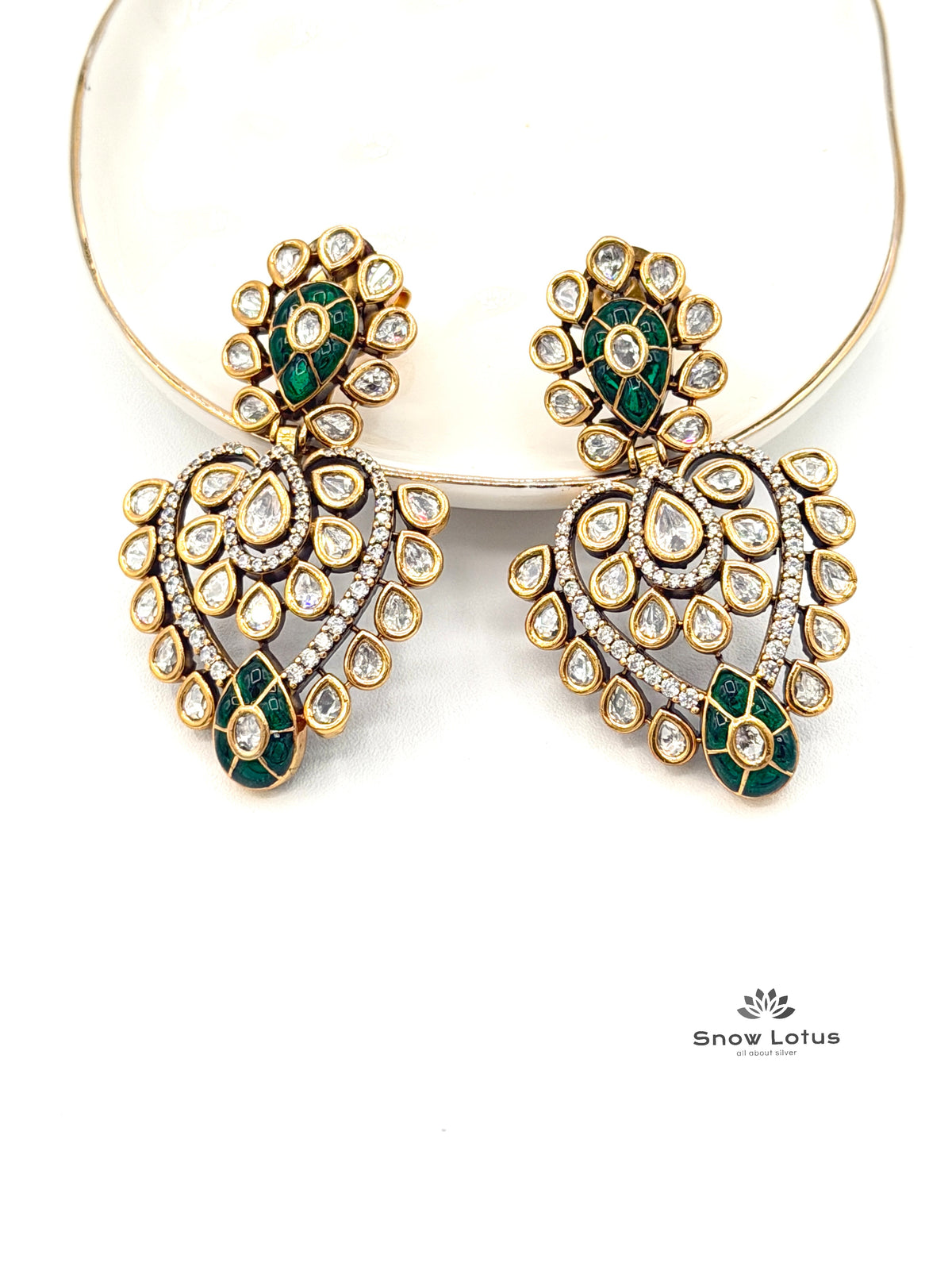 Emerald Green Polki Neckpiece With Earrings